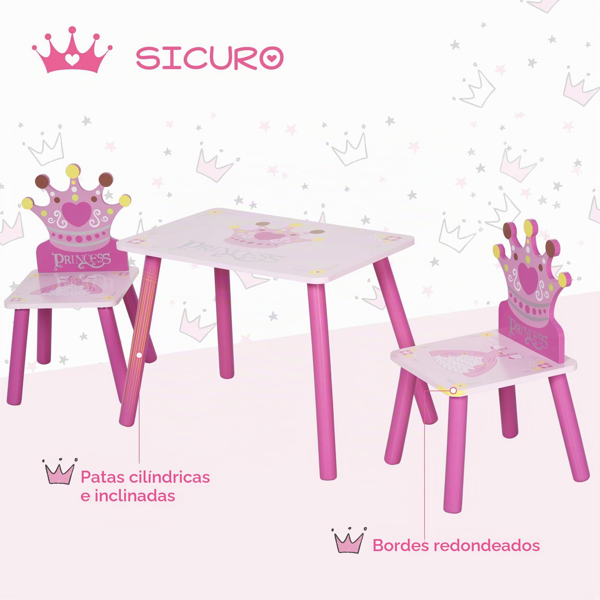 HOMCOM Juego de Mesa y 2 Sillas Infantiles de Madera Set de Mesa de Escritorio 55x34x42 cm y Sillas 28x26x50 cm para Niños 2-4 Años para Salas de Juego Dormitorio de Niño Rosa