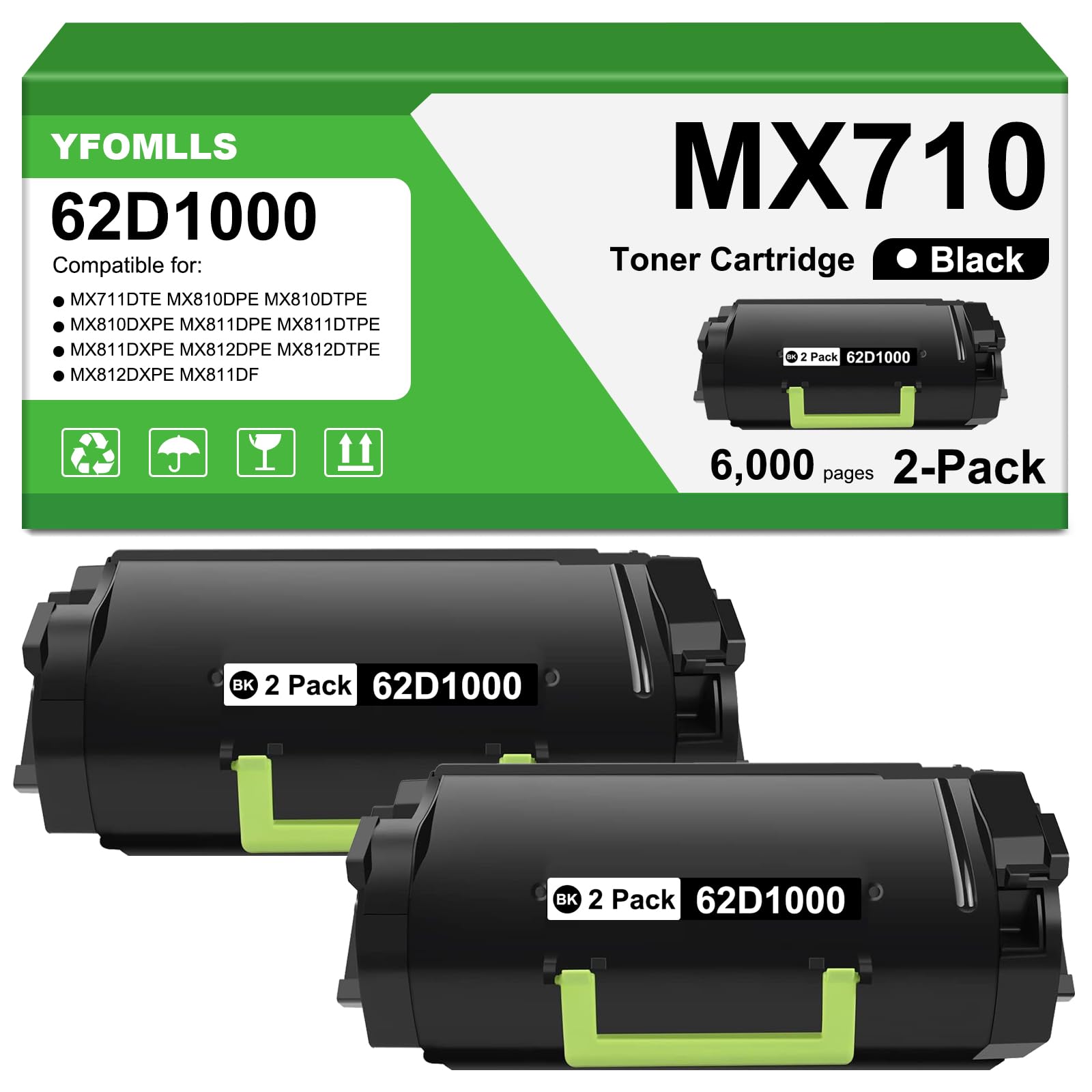 Zamiennik tonera 62D1000 kompatybilny z Lexmark 62D1H00 621H 62D1000 621 toner do MX711DE MX710 MX710DE MX710DHE MX810 MX810DE MX811 MX811DE MX812 MX812DE laser Drukarki, 2 szt