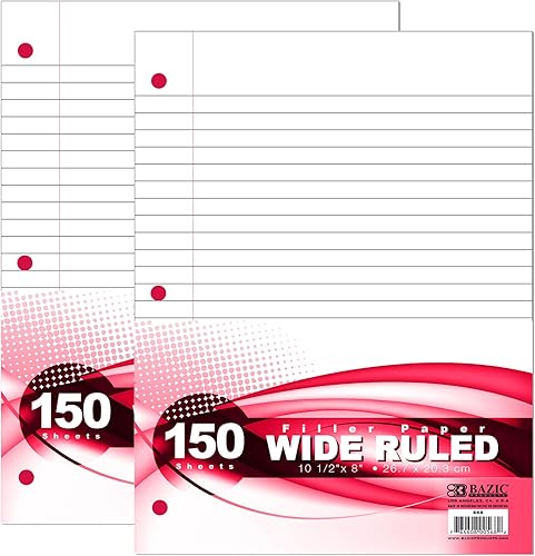 BAZIC - Papel de relleno de hojas sueltas de 150 pulgadas, 3 agujeros perforados para carpetas de anillos, para oficina, escuela, estudiantes,
