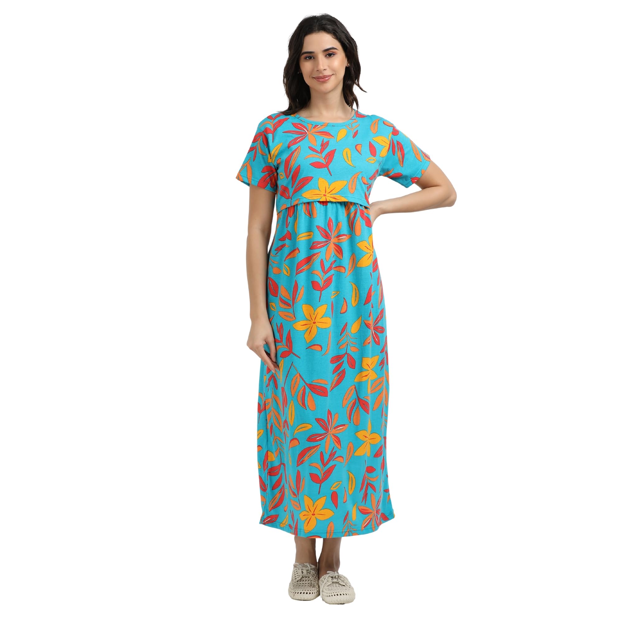 Women's Maternity Nighty, Zipless Nursing Access, Soft Cotton Fabric, Relaxed Fit Sleepwear