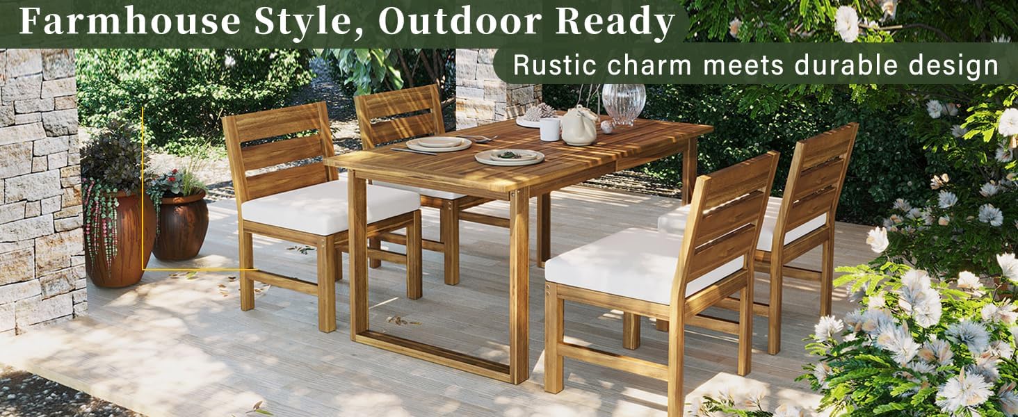 5-Piece Acacia Wood Patio Dining Set with Cushions, Adjustable Legs for 4-Person Outdoor Dining, Farmhouse Table & Chairs for Backyard Deck Garden