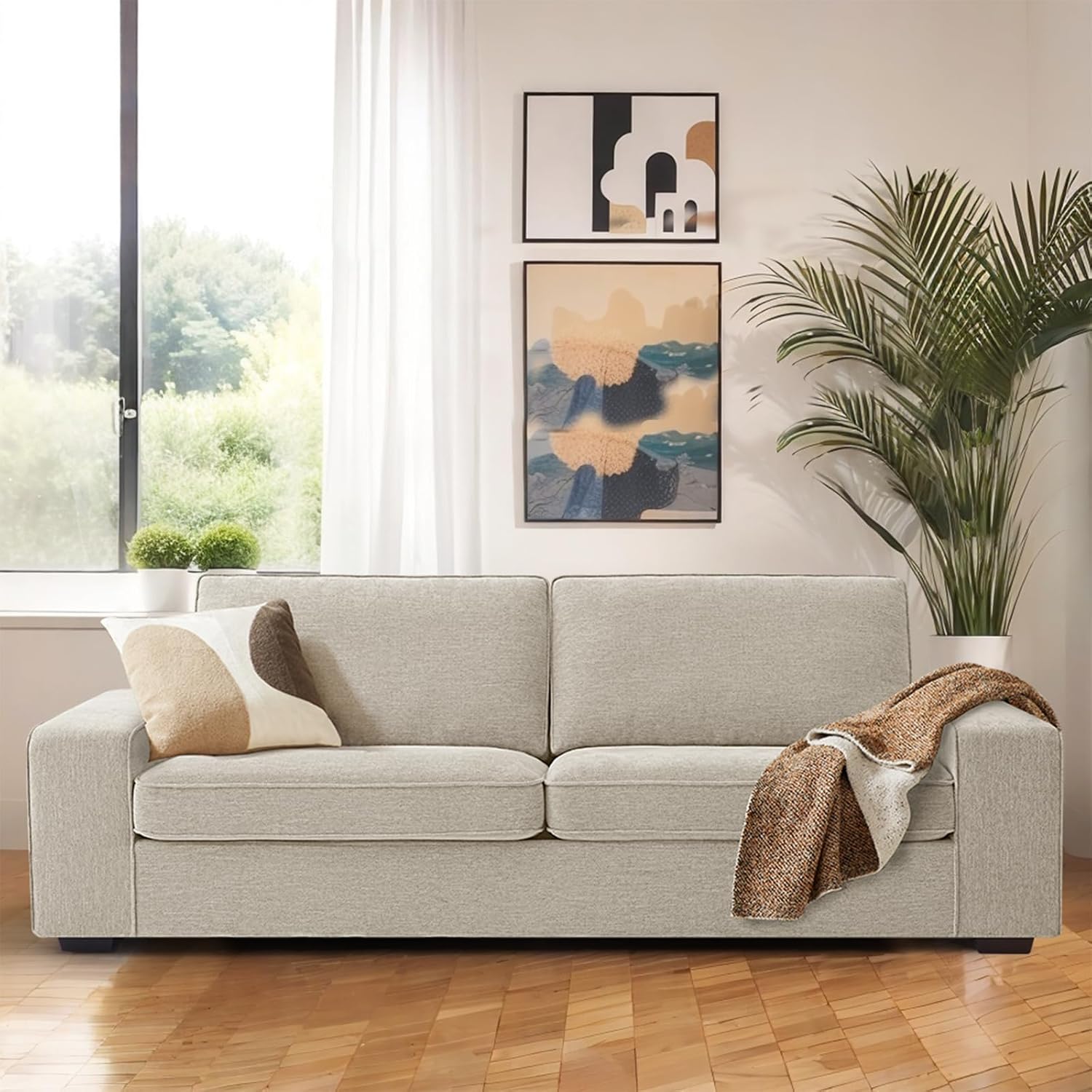 88" Modern 3 Seater Couch,Chenille loveseat Sofa,Couches for Small Living Room,Wooden Legs Wide Arm Sectional Sofa,Removable Back and Seat Cushion Sectional Sofa (Beige)