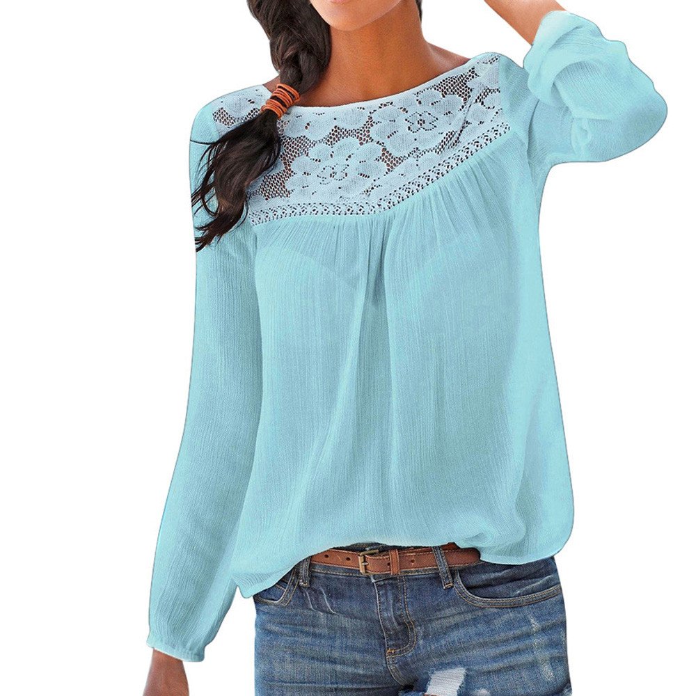 Solid Color Long Sleeve Shirt T-Shirt Women Casual Long Sleeve Lace Patchwork Tops Blouse Sweaters Loose Black
