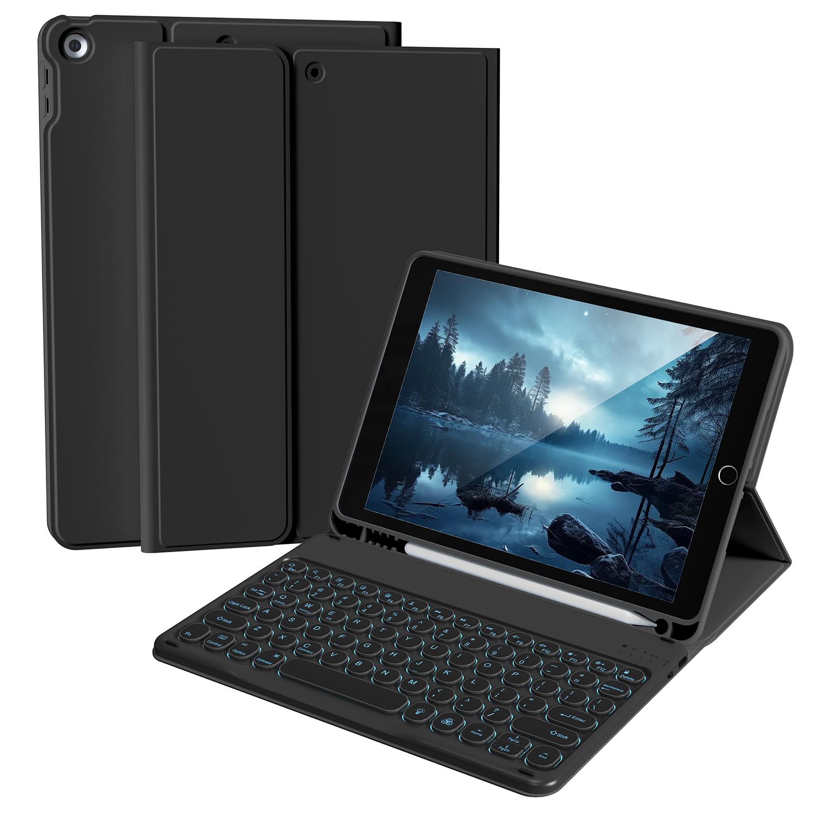 Aoub Keyboard Case for iPad 9th/8th/7th Generation 10.2 inch, 7 Colors Backlit, Stand Folio Detachable Wireless Bluetooth Keyboard Cover Soft TPU Back