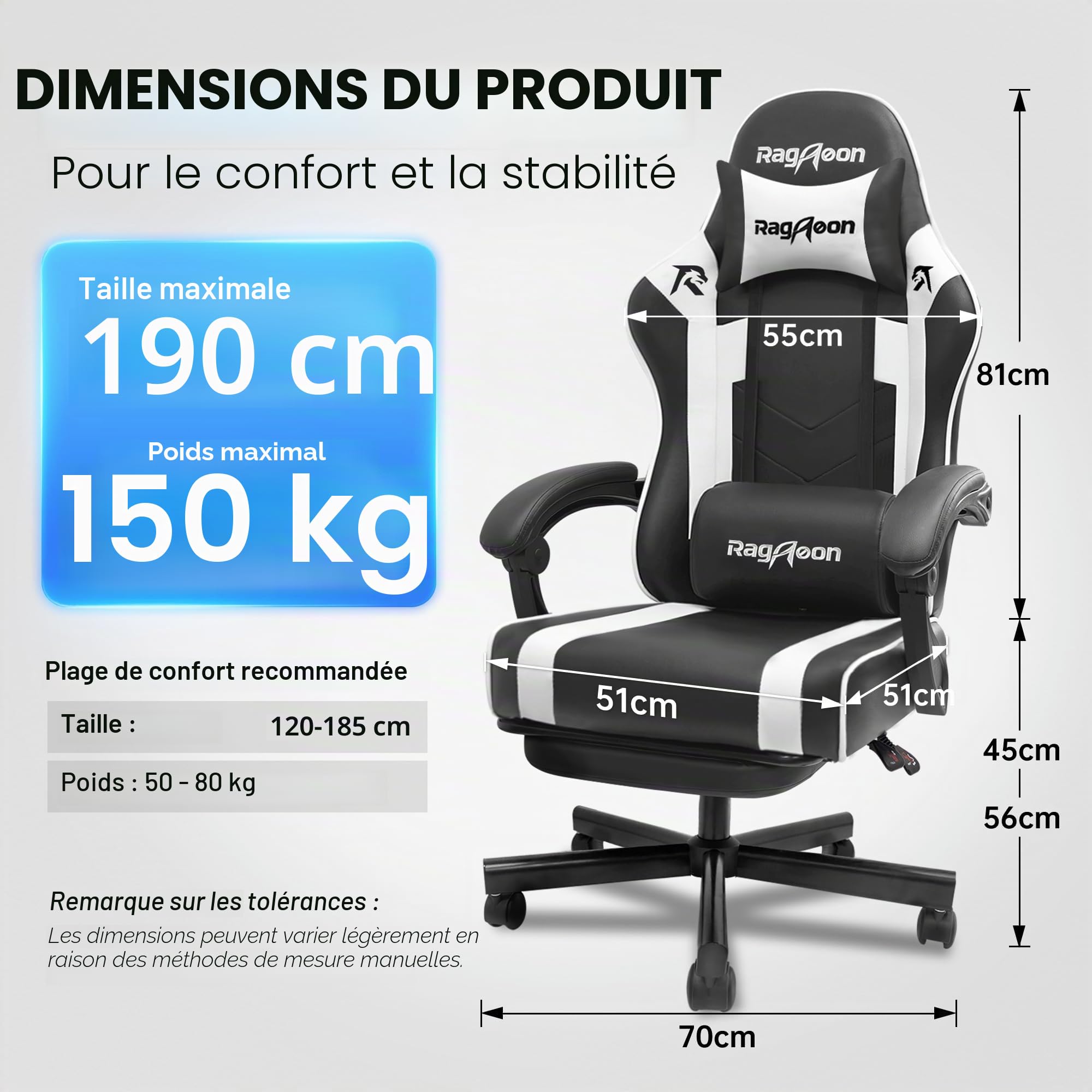 Chaise Siege Gaming Ergonomique-Chaises de Gamer avec Appui-Tête et Support Lombaire Repose-Pieds Rétractable Inclinaison du Dossier de 90 à 135° Capacité de Charge de 200 Kg