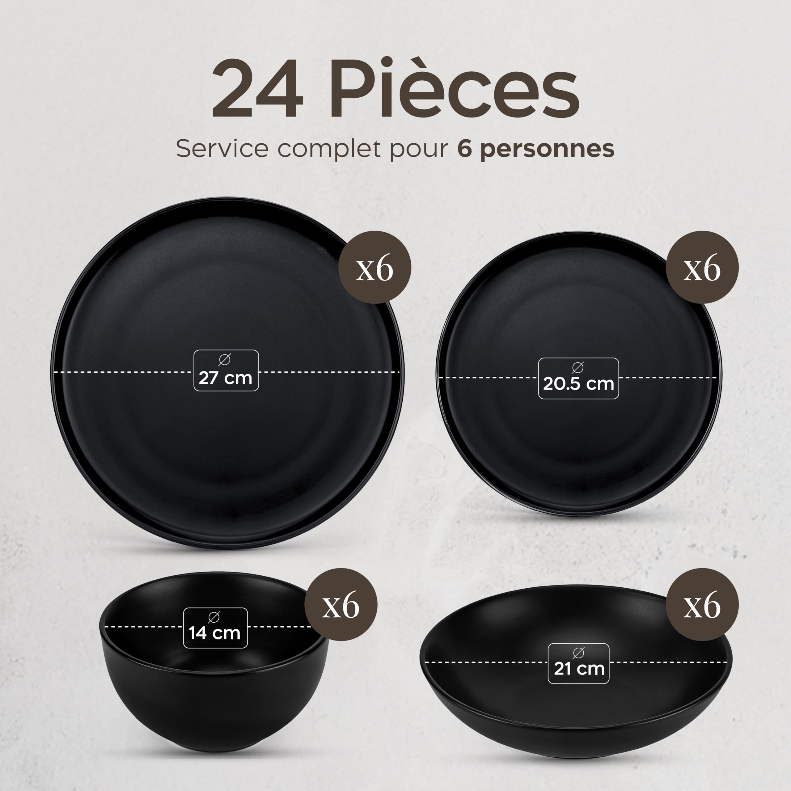 Twinzee - Set de Vaisselle Gres Noir, 24 Pièces - Assiettes Service de Table 6 Personnes - Adapté Micro-onde - Vaisselle et Arts de la Table - Collection Ebony