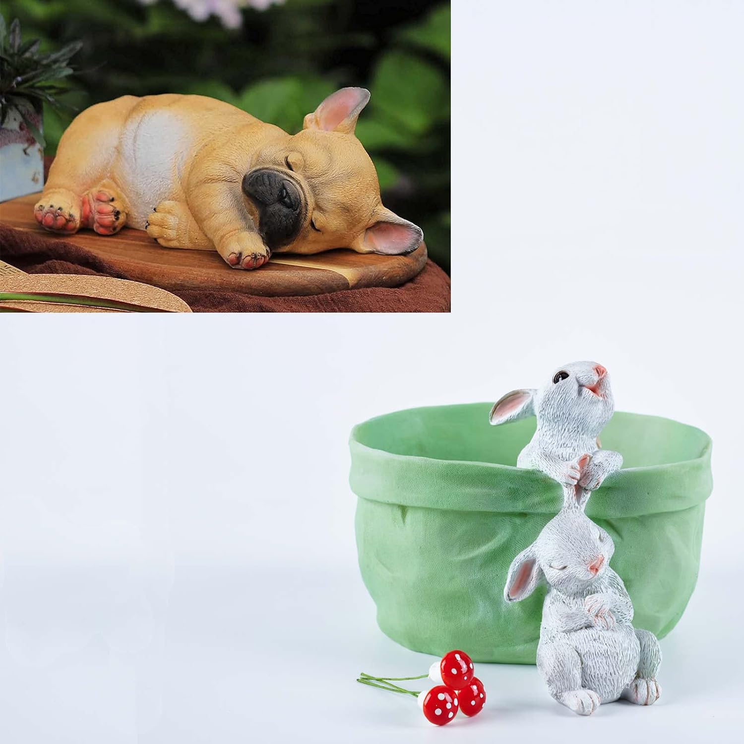 Succulent Plant Pots Flower Planter(with Hole)+ French Bulldog Puppy Statue Pet Memorial Figurine Gift A
