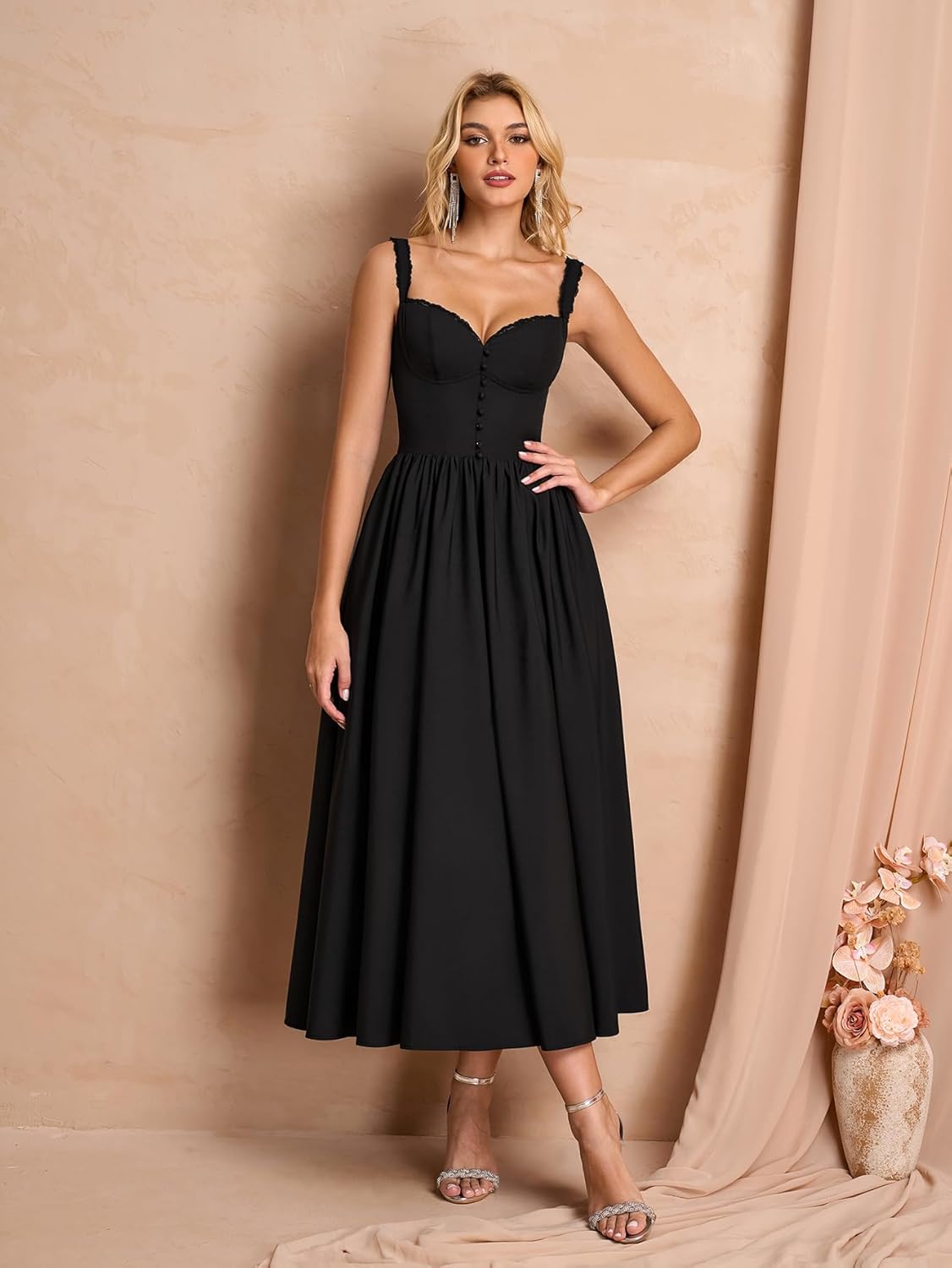 Summer Corset Midi Dress Formal Flowy A Line Lace Spaghetti Strap Wedding Guest Dresses for Women Sundress with Pockets - Image 3