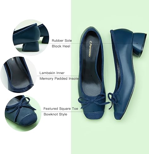 Miniatura 4 de C.Paravano Zapatos de tacón bajo con punta cuadrada para mujer Tacones gruesos con punta cerrada Zapatos de tacón bajo de cuero Zapatos de vestir
