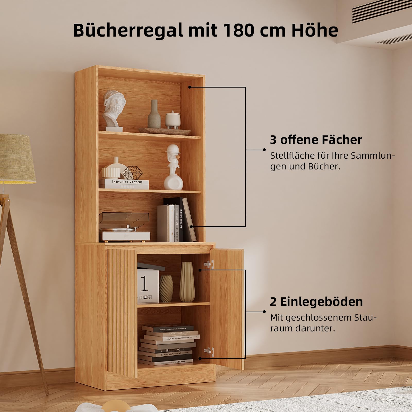 VOWNER TV-Schrank mit Bücherregal, 240cm B Großer Fernsehschrank, TV-Board Set für TV bis 50 Zoll, Wohnwand mit Arbeitsplatte für Wohnzimmer & Esszimmer, Holzfarbe (4PCS)