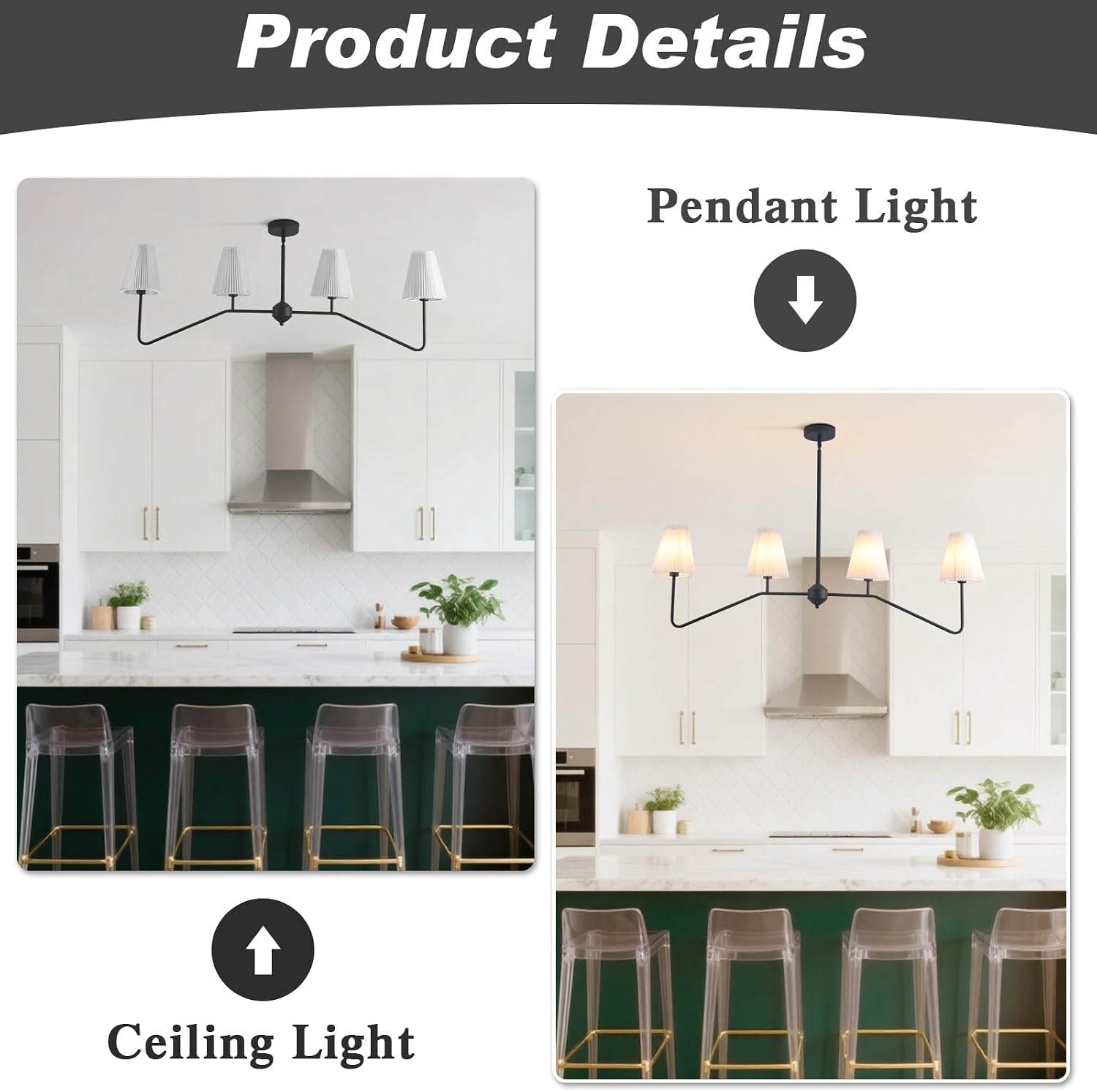 KCO 4 Light Linear Kitchen Island Pendant Lighting Black Dining Room Light Fixture Fabric Shade Traditional Chandelier for Bedroom Schoolhouse Stairway