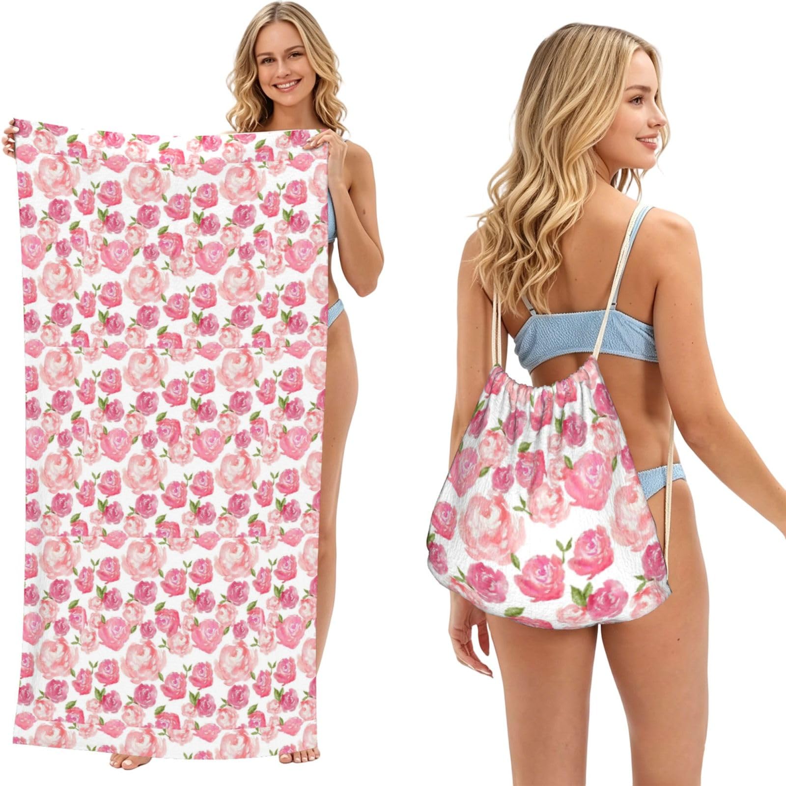 Poadnly As Picture Watercolor Floral, 2 In 1 Packable Towel Bag, Beach Towels With Drawstring Backpack For Travel Holiday Camping