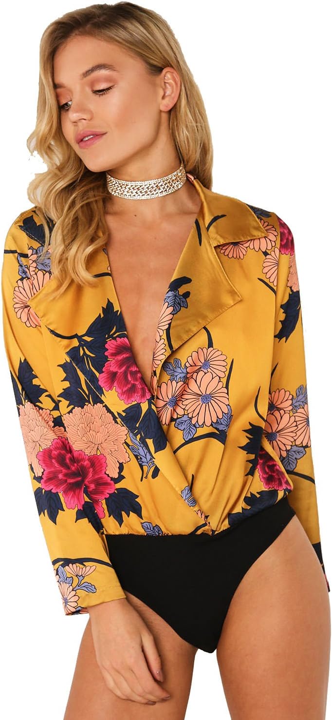 New Women Flower Floral Print Front Plunge Neck Silk Satin Bodysuit Shirt Blouse Top (Floral Mustard, M/L)