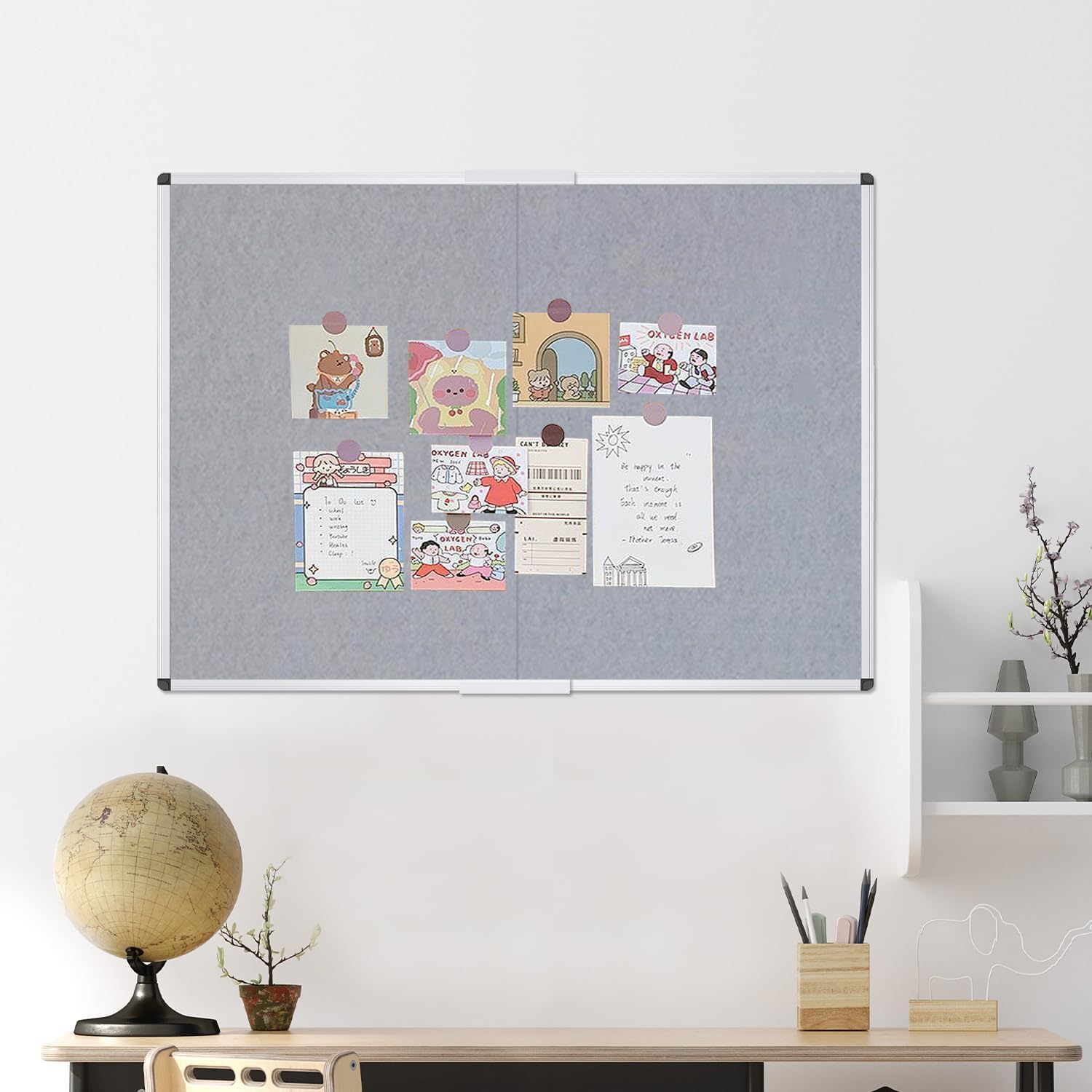 VIZ-PRO Tablón de anuncios grande de tela, tablón de anuncios plegable, fieltro gris, 183 x 122 cm, marco de aluminio plateado