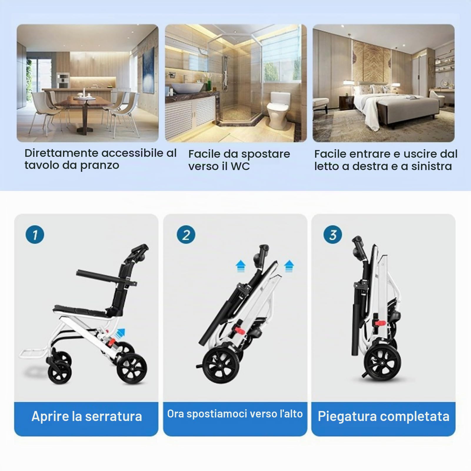Sedia a rotelle da trasporto leggera, pieghevole, per adulti, con braccioli ribaltabili, cintura di sicurezza e pedale, sedia a rotelle portatile, ideale per anziani e viaggi, supporta 90,7 kg