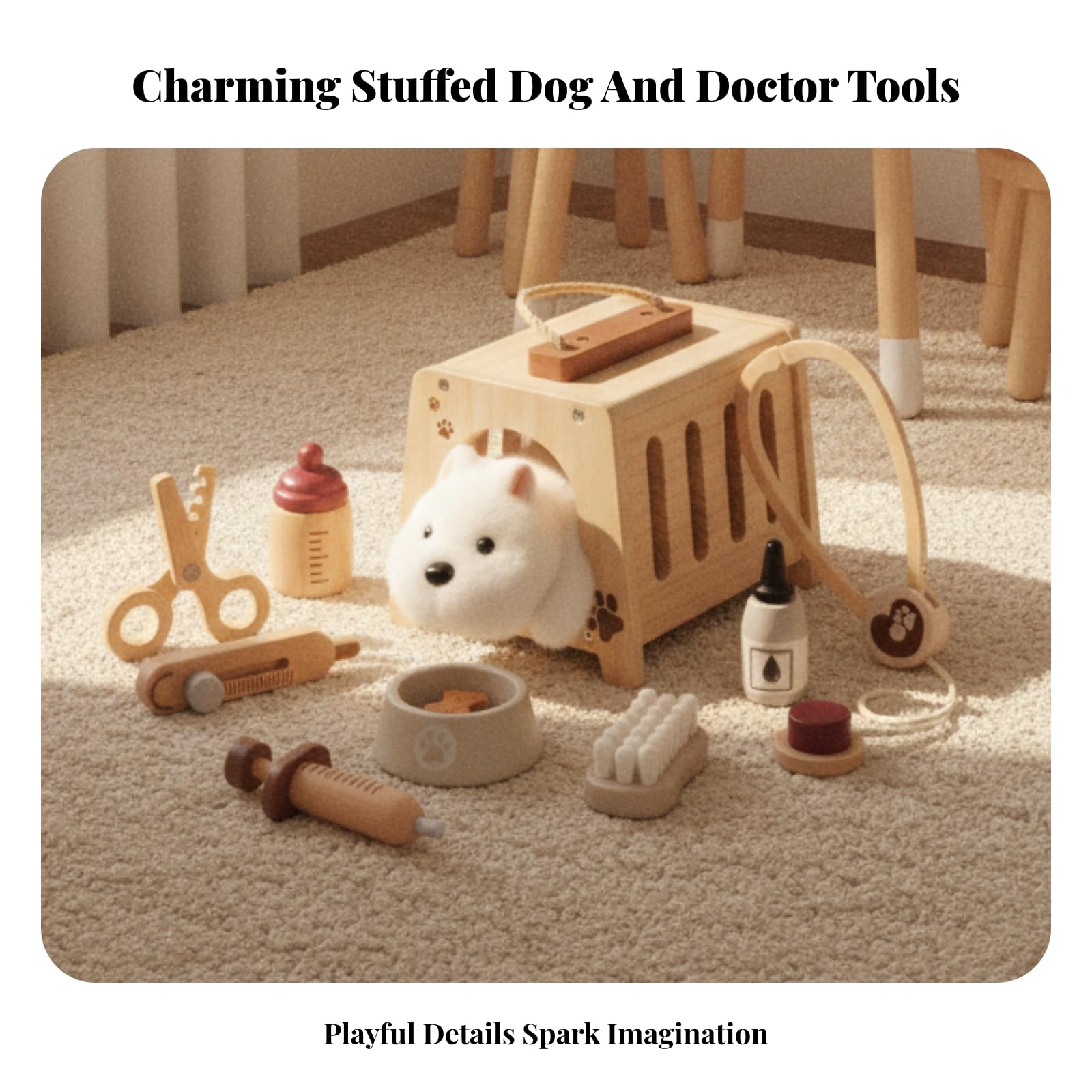 Giocattolo Veterinario Bambini Set Medico Animali Set Animali Trasportino Peluche in Legno E Peluche con Accessori Finti per Controlli E Trattamenti