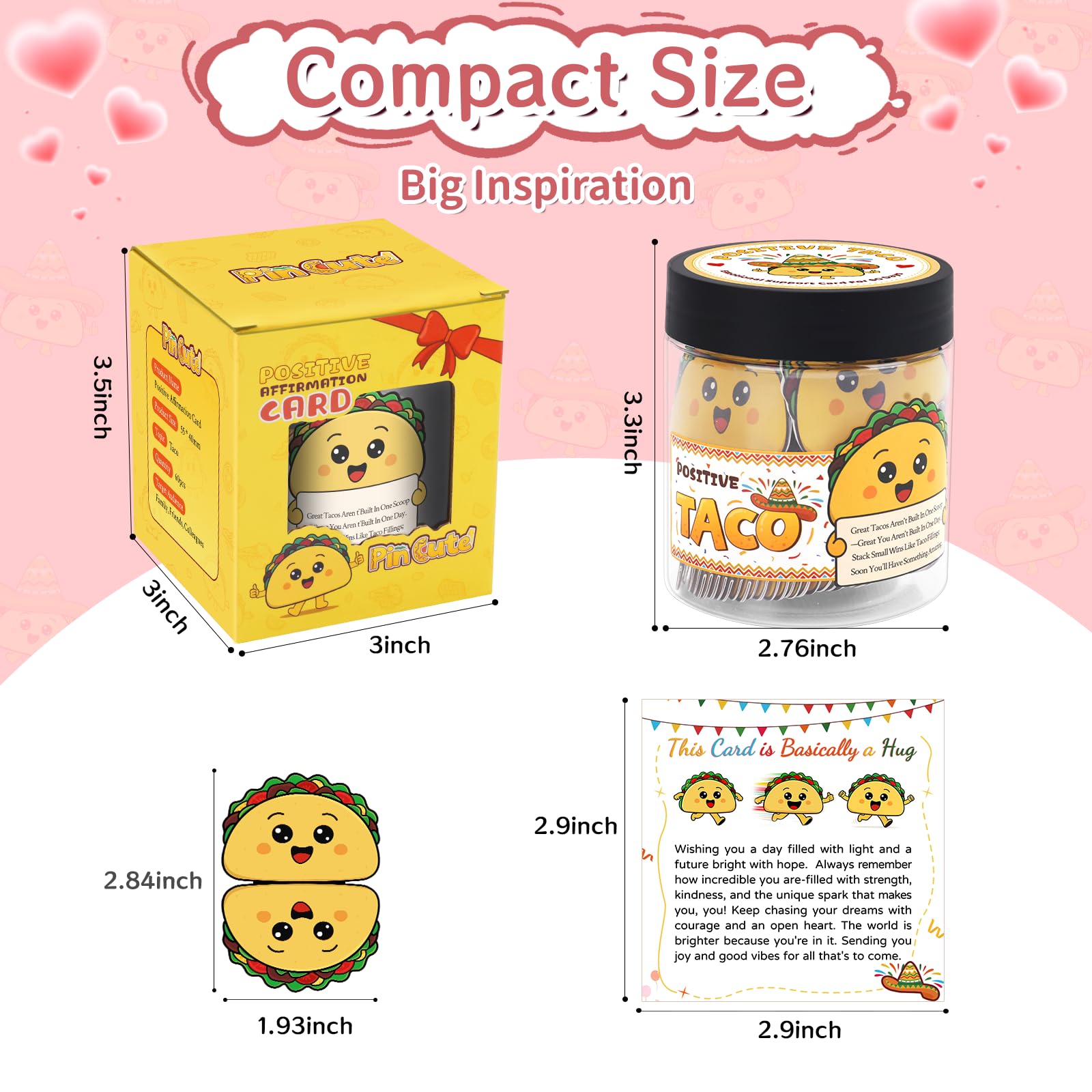 PinCute 60 Positive Taco Affirmation Jar - Teacher Appreciation Gifts, Self Care Graduation Gift, Birthday Gifts for Women Men Teen, Cute Home Decor