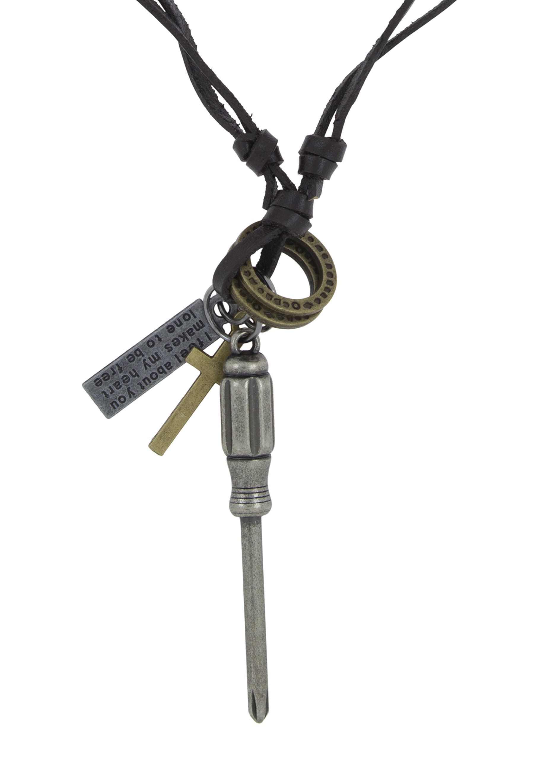 Hip Hop Punk Screw Driver Cross Bronze Vintage Dog Tag Oxidised Afghani Bohemian Tribal Leather Pendant Chain Boys-image-12