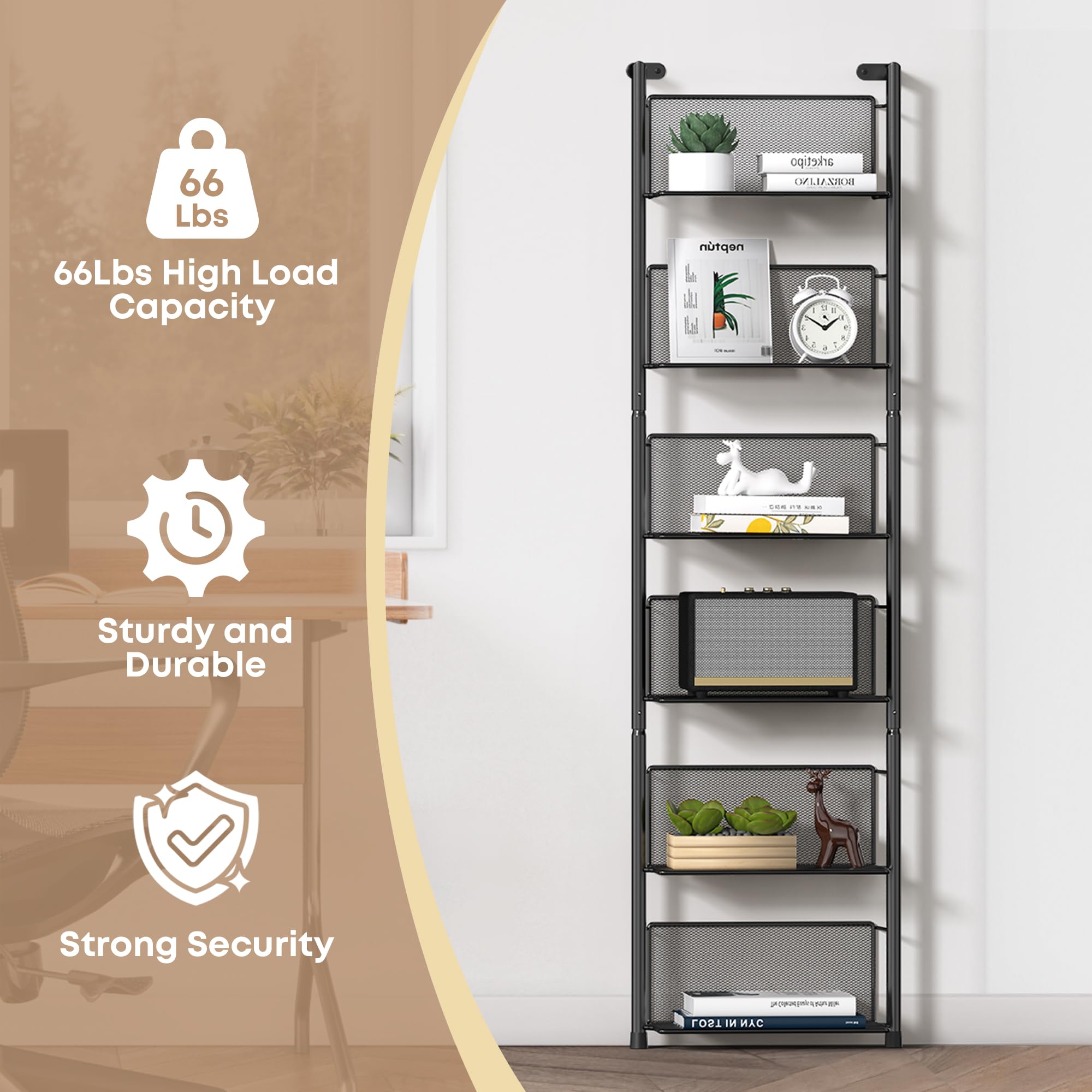 Estante industrial de escalera montado en la pared, organizador de estantería de metal de 6 niveles, estantes flotantes modernos de 47.6 pulgadas para plantas, libros y decoración del hogar, 6