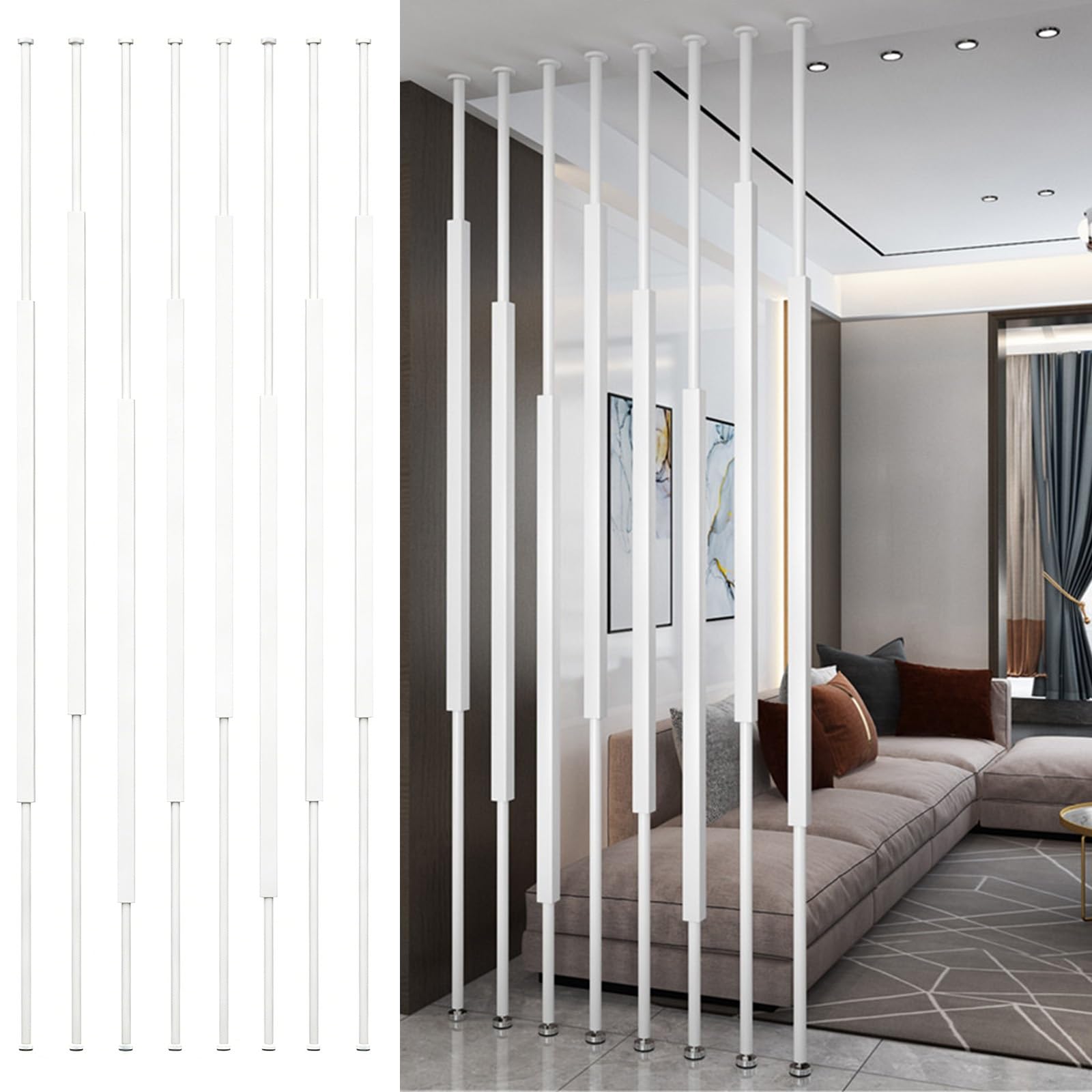 HAIXHX 8pack Vertical Metal Room Divider, Floor Standing Slats Screen Partition Post for Entryway Living Rooms Office, No Drill Deviders Column(White,70cm/2.30ft)