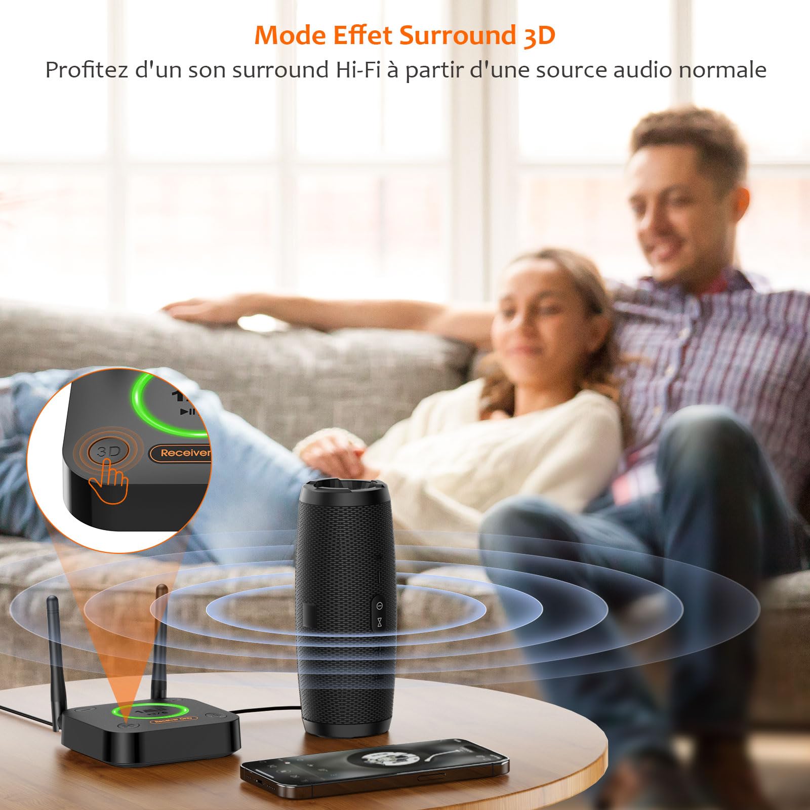 1Mii B06Pro Recepteur Bluetooth 5.3, Longue Portée Adaptateur Audio sans Fil Hi-FI, avec 3D Surround aptX HD&LL, RCA Optique AUX 3,5 mm Coaxial pour Système Stéréo Domestique