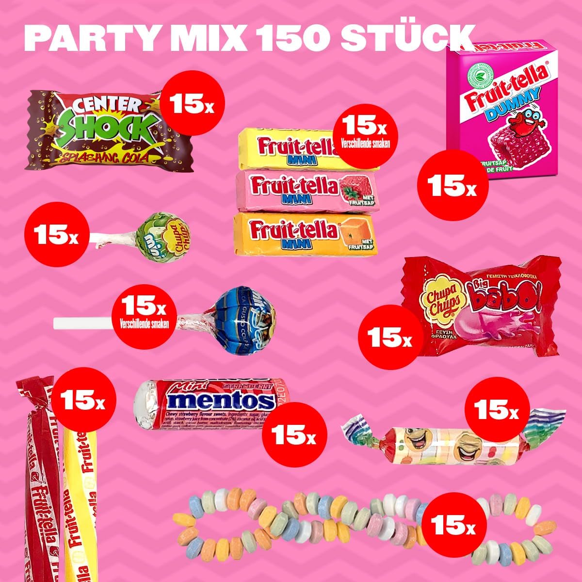 Chupa Chups Kinder Süßigkeiten Mix, 150-teilig mit Lollis, Kaugummis & Bonbons von Mentos, Center Shock, Fruittella usw., geeignet für Geburtstag & Weihnachten