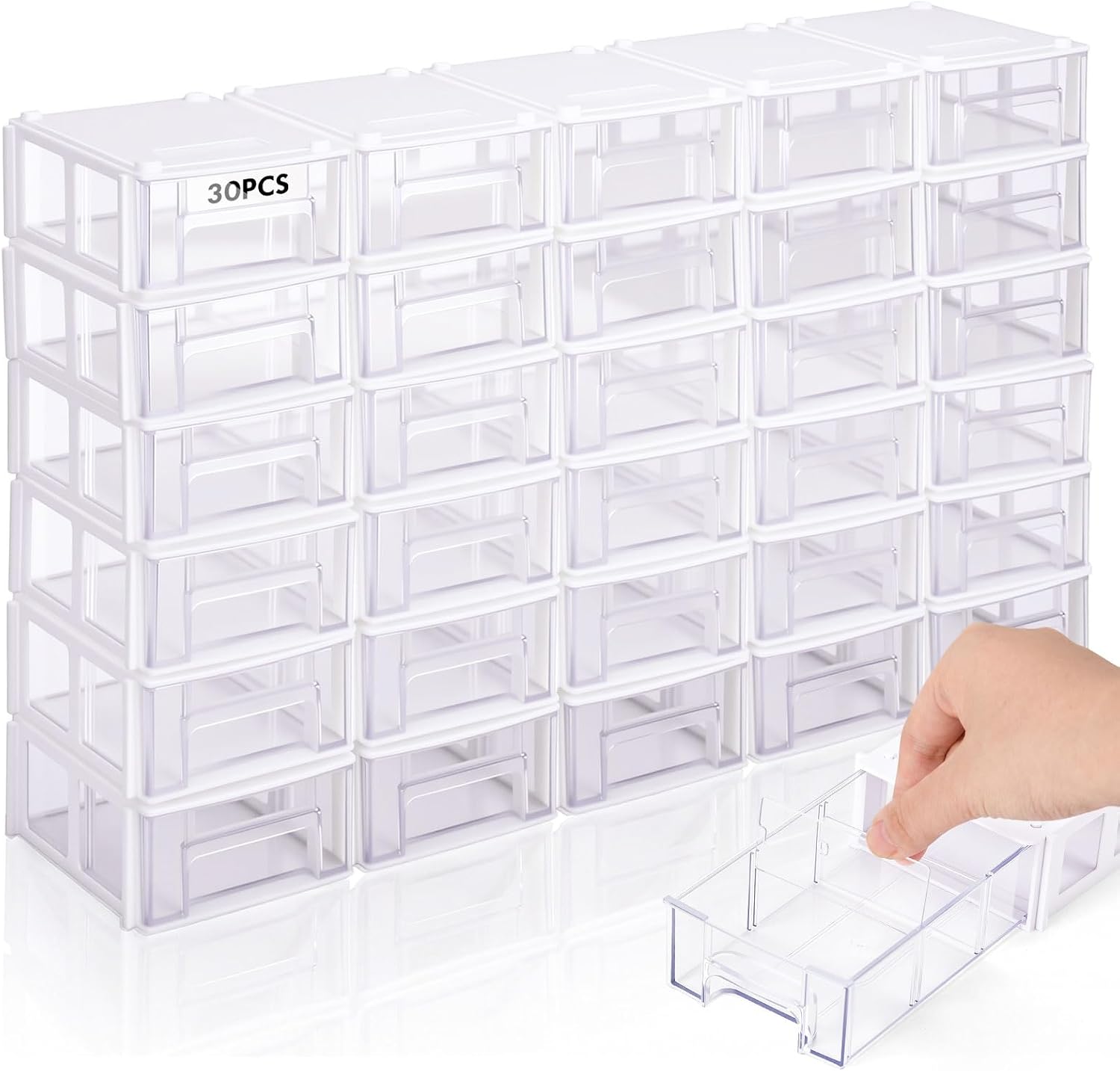 Novabright 30 Pcs Stackable Drawers Storage Plastic Drawers Small Parts Storage Organizers Bulk with Safety Stop Multi Purpose Cabinets for Hardware Parts Crafts Bead(4.33 x 3.86 x 1.89 Inches,White)