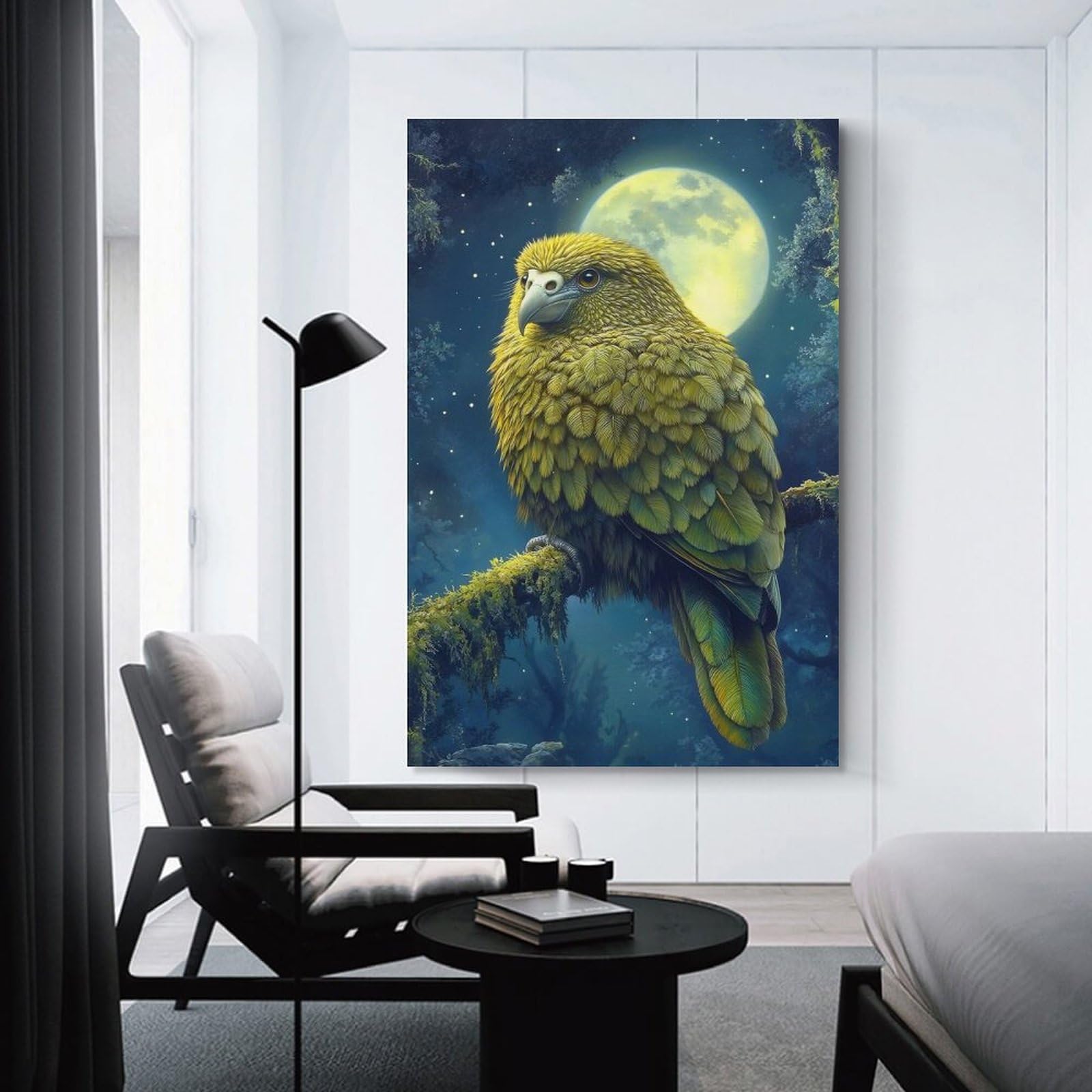 Junmoney Unframe-Style-9 Kea Parrot Under Moonlight Home Decor Wall Art 24X36inch(60X90cm), For Lounge, Study, Hallway Or Flat Walls, Stylish Home Artwork For Focal Walls