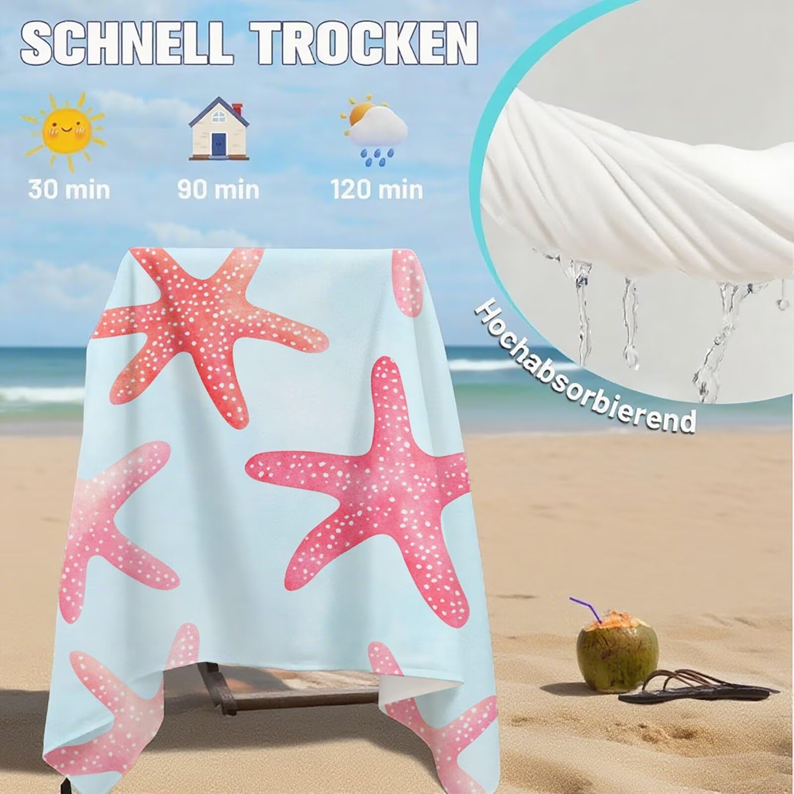 Serviette de Plage Microfibre Serviette Plage 100x150 cm 2 Pack Séchage Rapide Anti-Sable Absorbante Fonction drap de plage xxl pour Bain Sport Voyages Sauna Piscine Yoga, avec Sac Étoile de mer Q-667