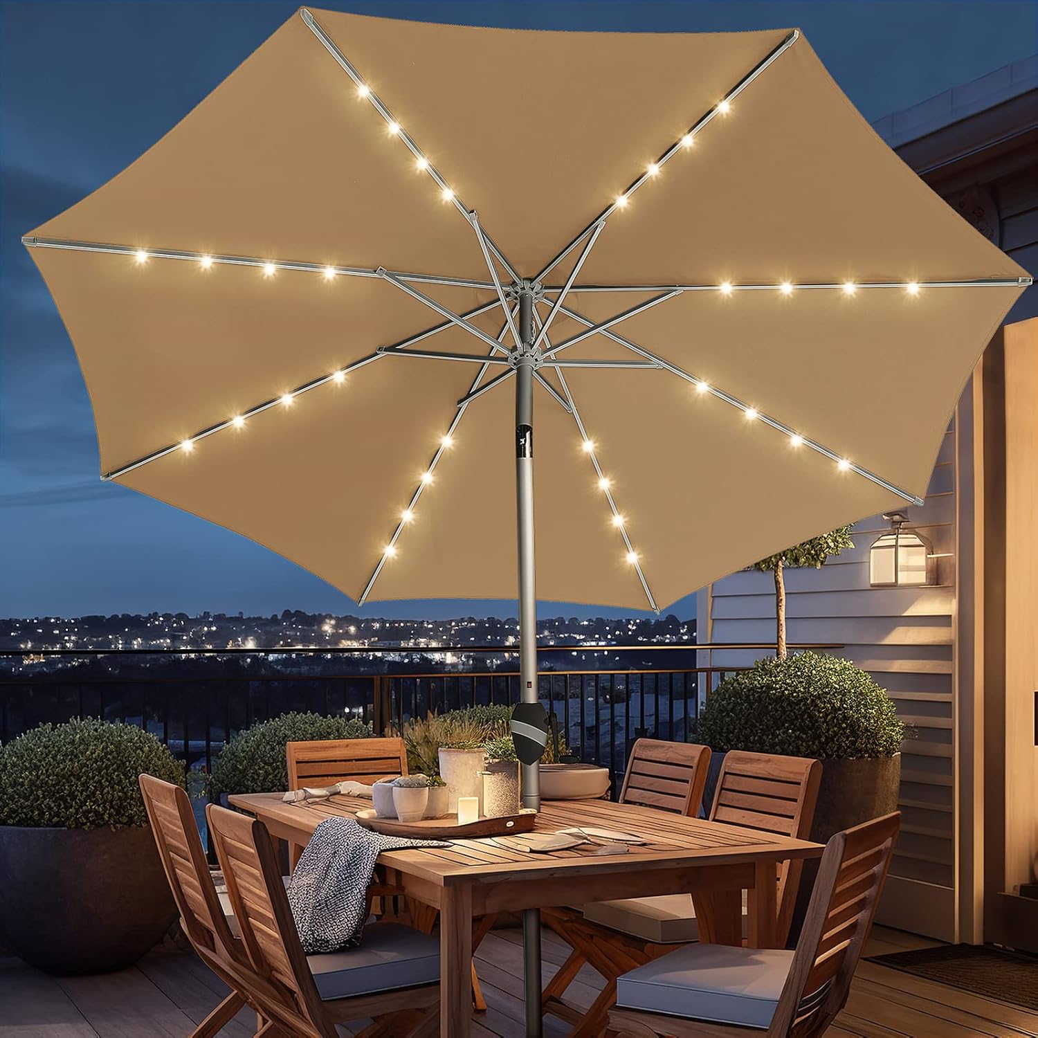 BLUU 10 Ft Patio Umbrella with Solar LED Lights, 5-Year Fade-Resistant Aluminum Outdoor Table Umbrella with Tilt Adjustment and Crank for Pool, Deck, Garden and Lawn, Beige