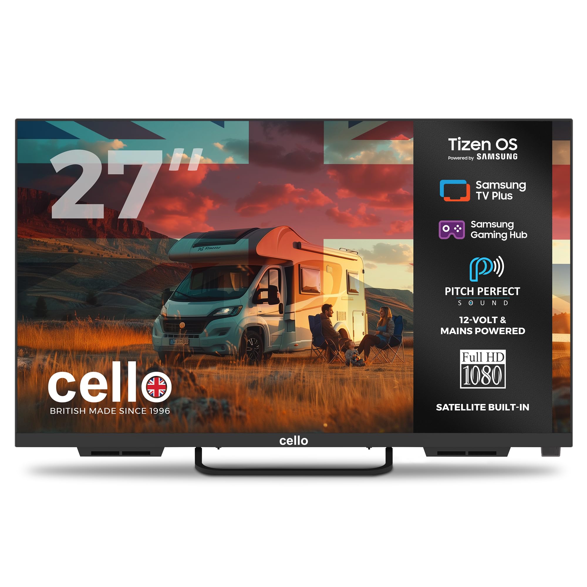 Cello CTRAV-27TZ 27" Smart 12V Traveller TV with Tizen OS by Samsung, Built-in Satellite, Gaming Hub, Pitch Perfect Speakers, Bluetooth, Netflix, UK Made, Ideal for Motorhomes, HGVs & Boats