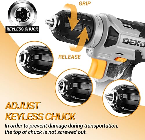 Miniatura 3 de Taladro inalámbrico DEKOPRO de 8 V, juego de taladro con mandril sin llave de 3/8 pulgadas, 42 piezas de accesorios, LED incorporado, cable de carga