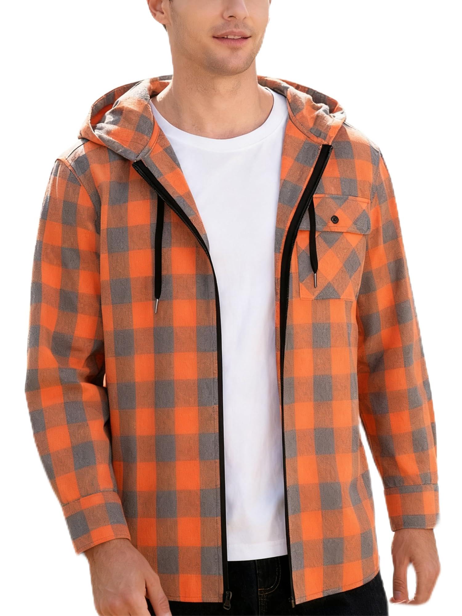 ZITY Mens Cotton Linen Zip Up Hoodies Long Sleeve Casual Tops Plaid Flannel Shirt with Hood