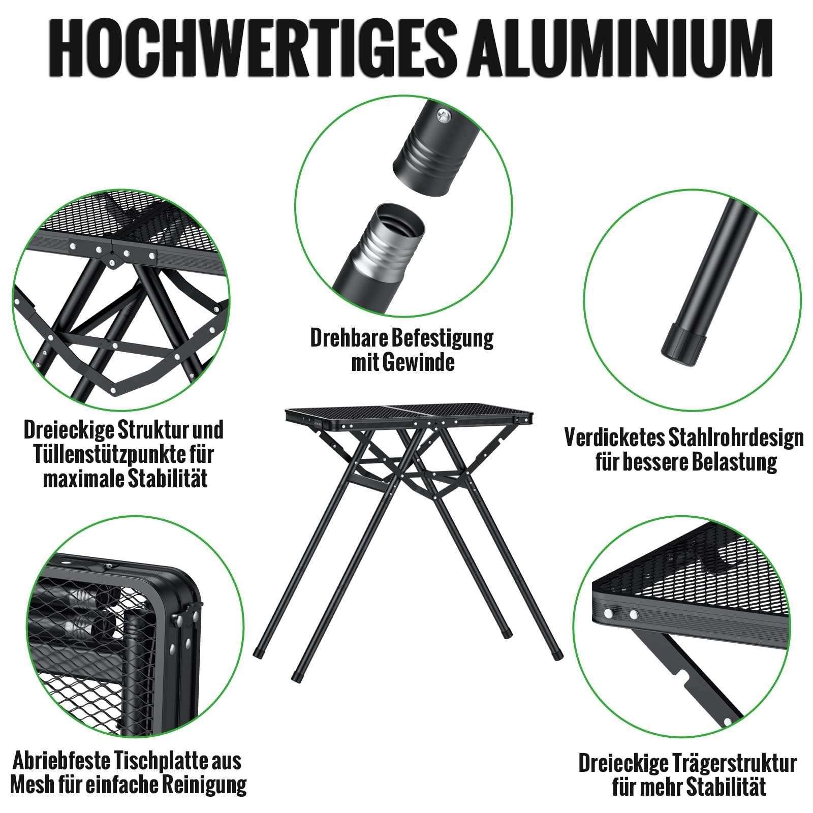 GARLLEN Grilltisch klappbar, 60x40cm & 3 Höhenverstellbar(25/48/71cm), X-Förmiges Stützendesign – Stabiler, Leicht & Tragbar Campingtisch Klapptisch Gartentisch Picknicktisch Kleiner Grill Tisch