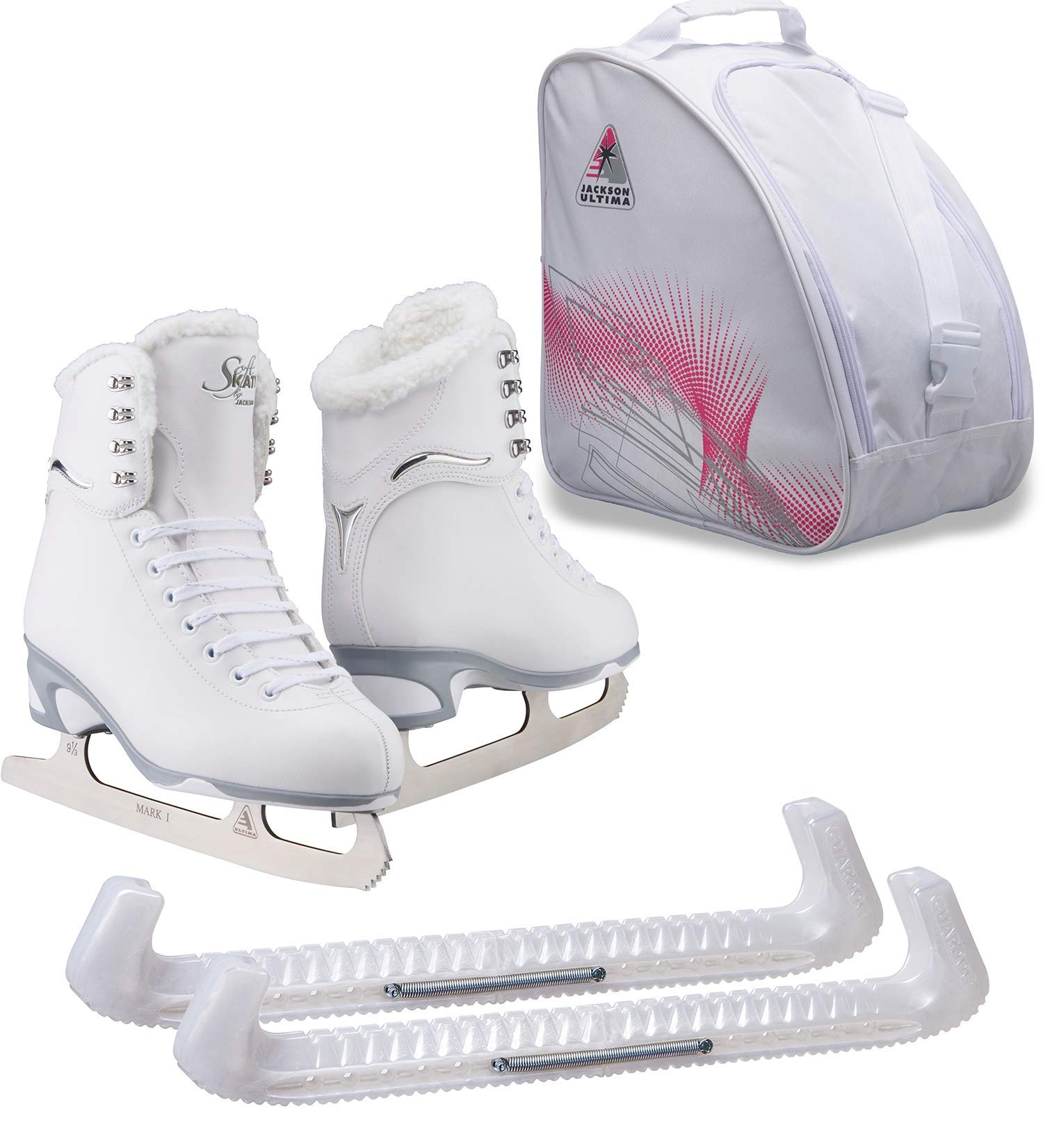 Jackson Ultima Finesse JS180 / JS181 / JS184 Figure Ice Skates for Women and Girls Bundle with Guardog Skate Guards, Jackson Skate Bag JL350 - Improved, JUST LAUNCHED 2020