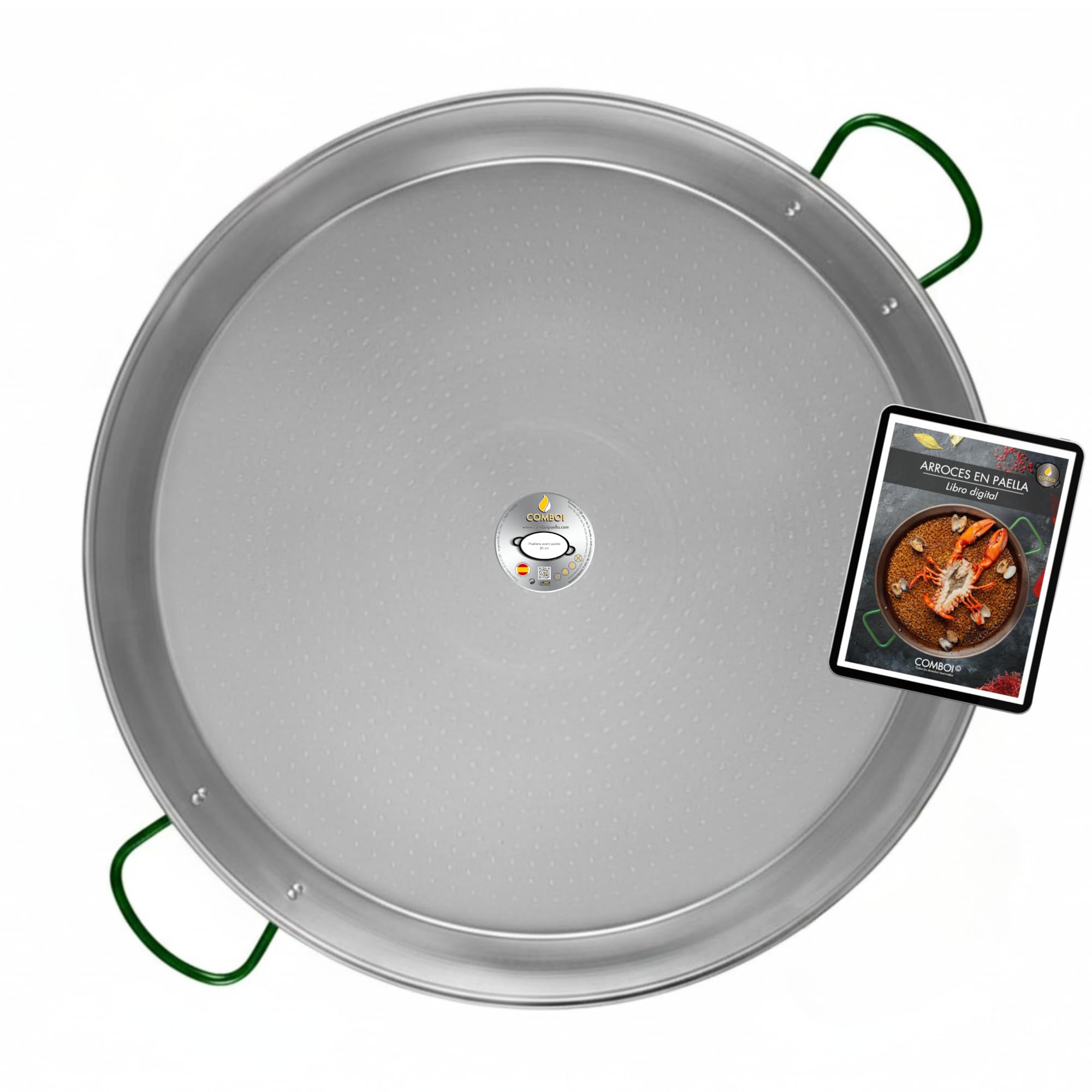 COMBOI - Paellera in acciaio lucido 50 cm, paellera valenciana fino a 13 porzioni, adatta per gas, legna e paelleros, prodotta in Spagna, include ricettario digitale. (50 cm)