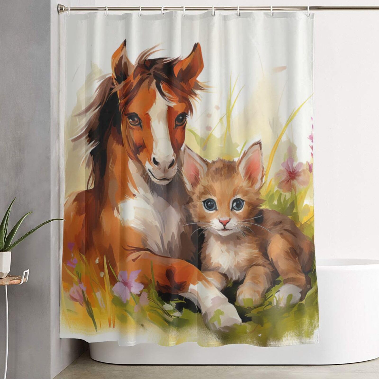 Rideau de douche imperméable cheval et chat pour décoration de salle de bain 182x182 cm