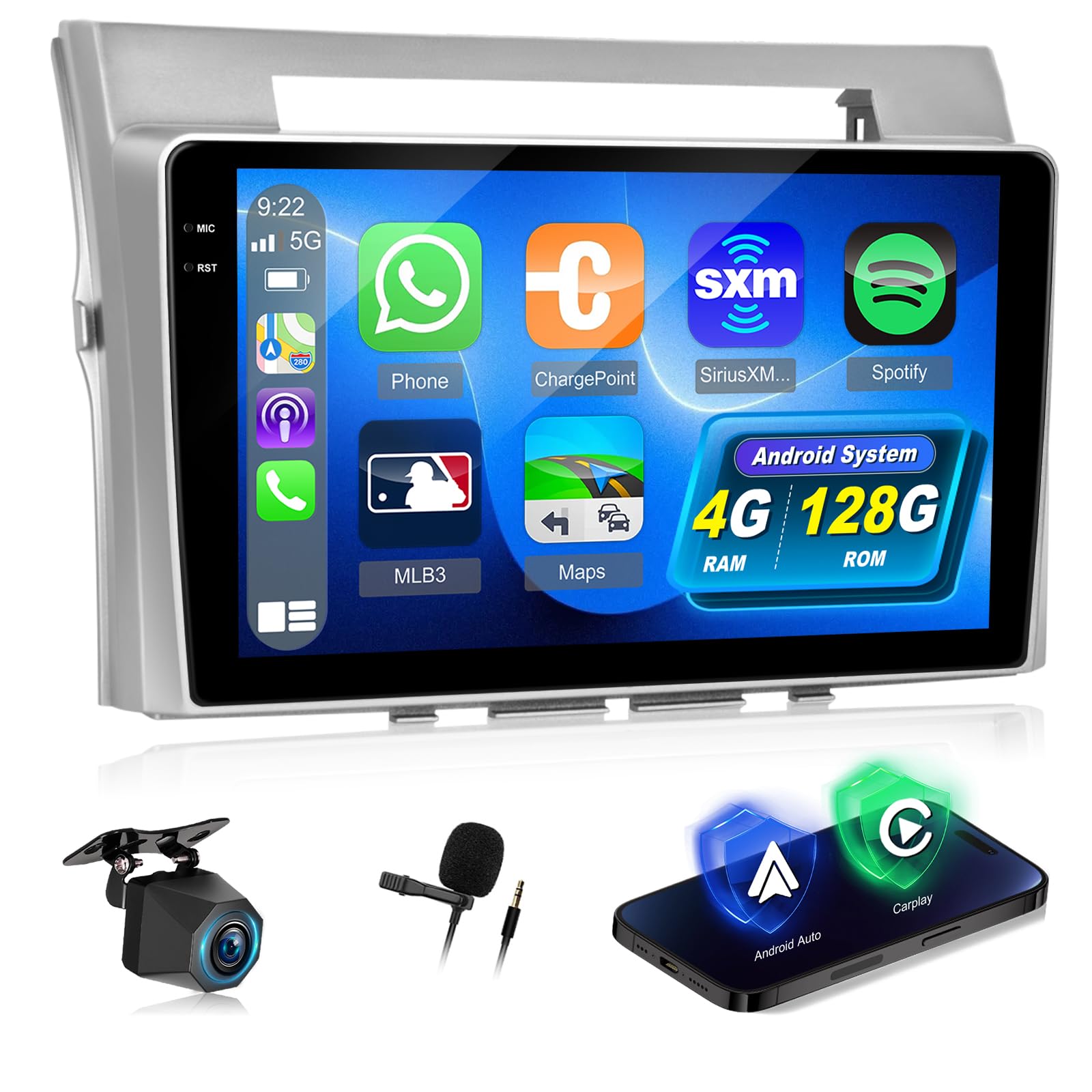 NHOPEEW Autoradio 4+128G pour Toyota Corolla Verso 2004-2009 avec Carplay sans Fil et Android Auto - Écran incell 9 Pouces Prise en Charge WiFi GPS Commandes au Volant + Caméra de recul,