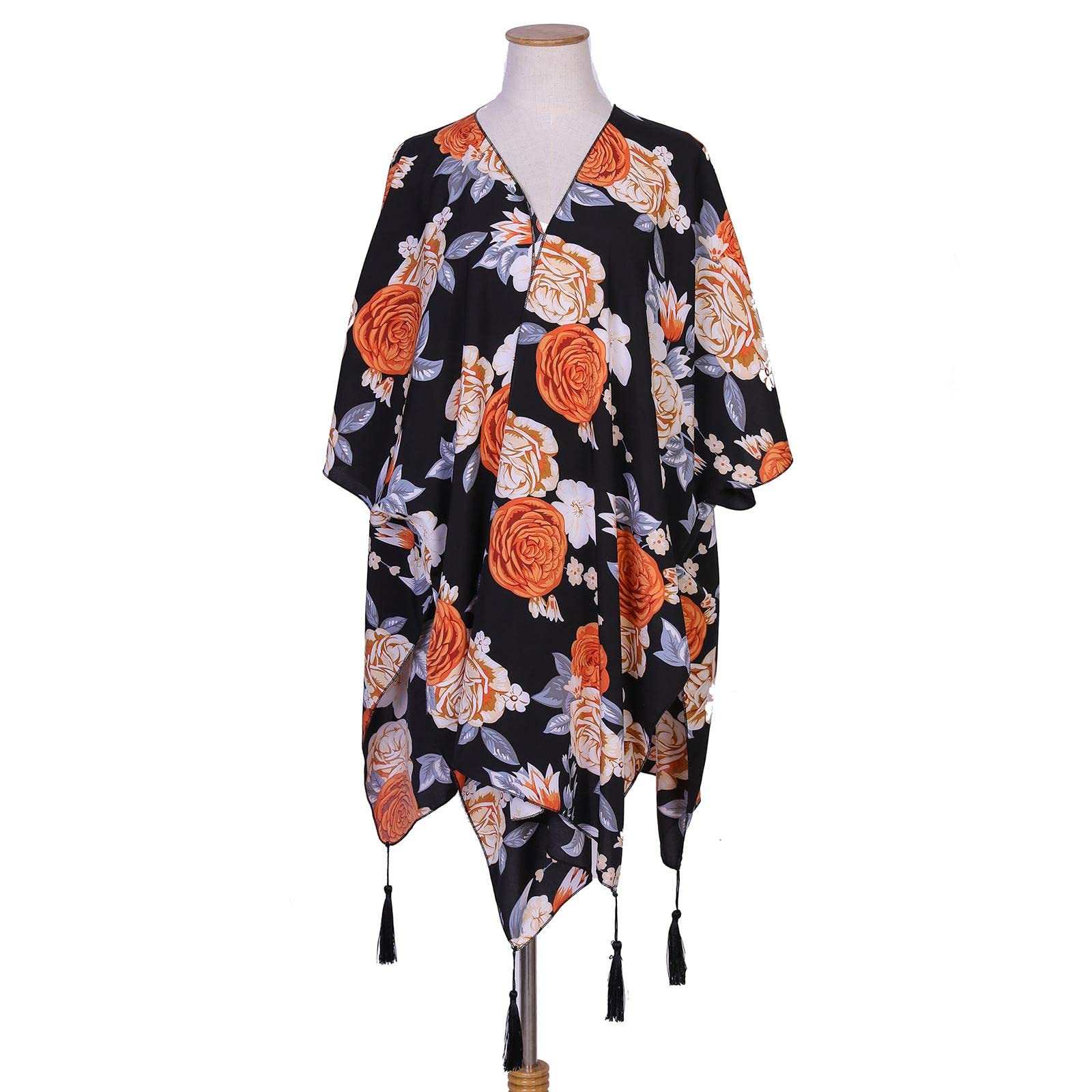 CALANDIS™ Womens Floral Print Kimono Cardigan Loose Shawl Open Front Beach Cover Up | Womens Clothing-image-14