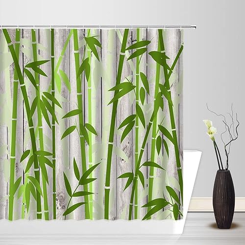 Miniatura 10 de Cortina de ducha de bambú verde, árbol del bosque japonés, arte rústico, naturaleza silvestre, planta escénica, acuarela, tela de spa fresca, juego