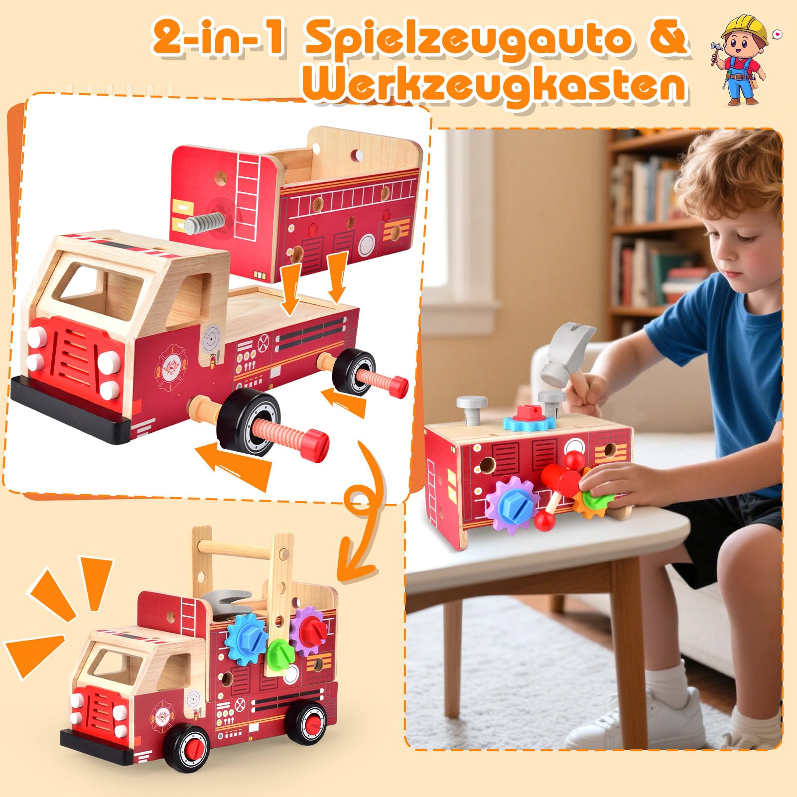 Nauotk Werkzeugkoffer Kinder Werkbank, 2 in 1 Feuerwehrfahrzeug aus Holz und Werkzeug Kinder, Montessori Holzspielzeug Spielzeug ab 2 3 4 5 Jahre, Kinderwerkzeug Werkzeugwagen, Geschenk Junge Mädchen