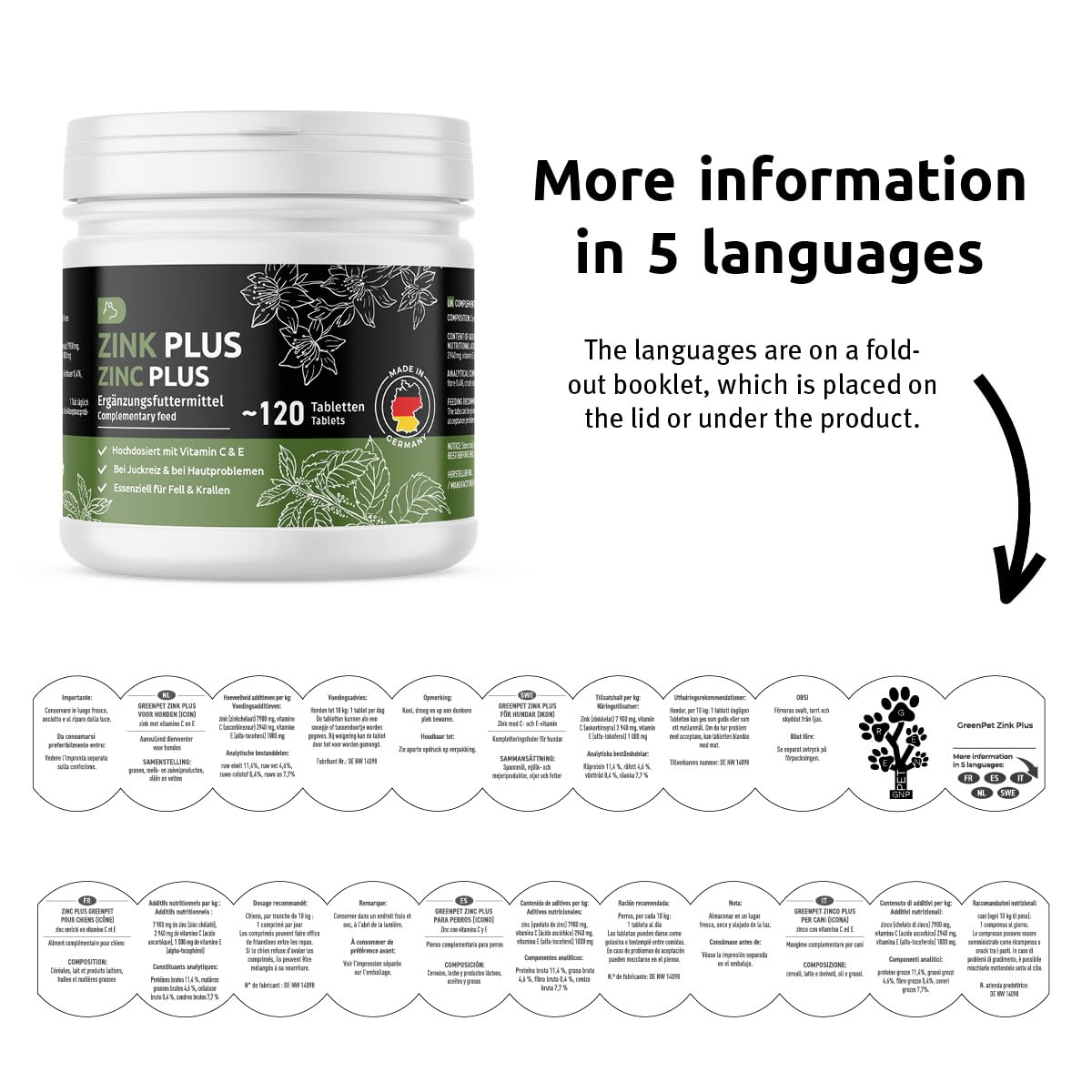 GreenPet Le Zinc pour Les Chiens 120 Tablets - Zinc Tablets Plus avec vitamines pour Peau sèche, Chien Qui démange, Perte de Poils, renforcement du système immunitaire, Changement de Pelage