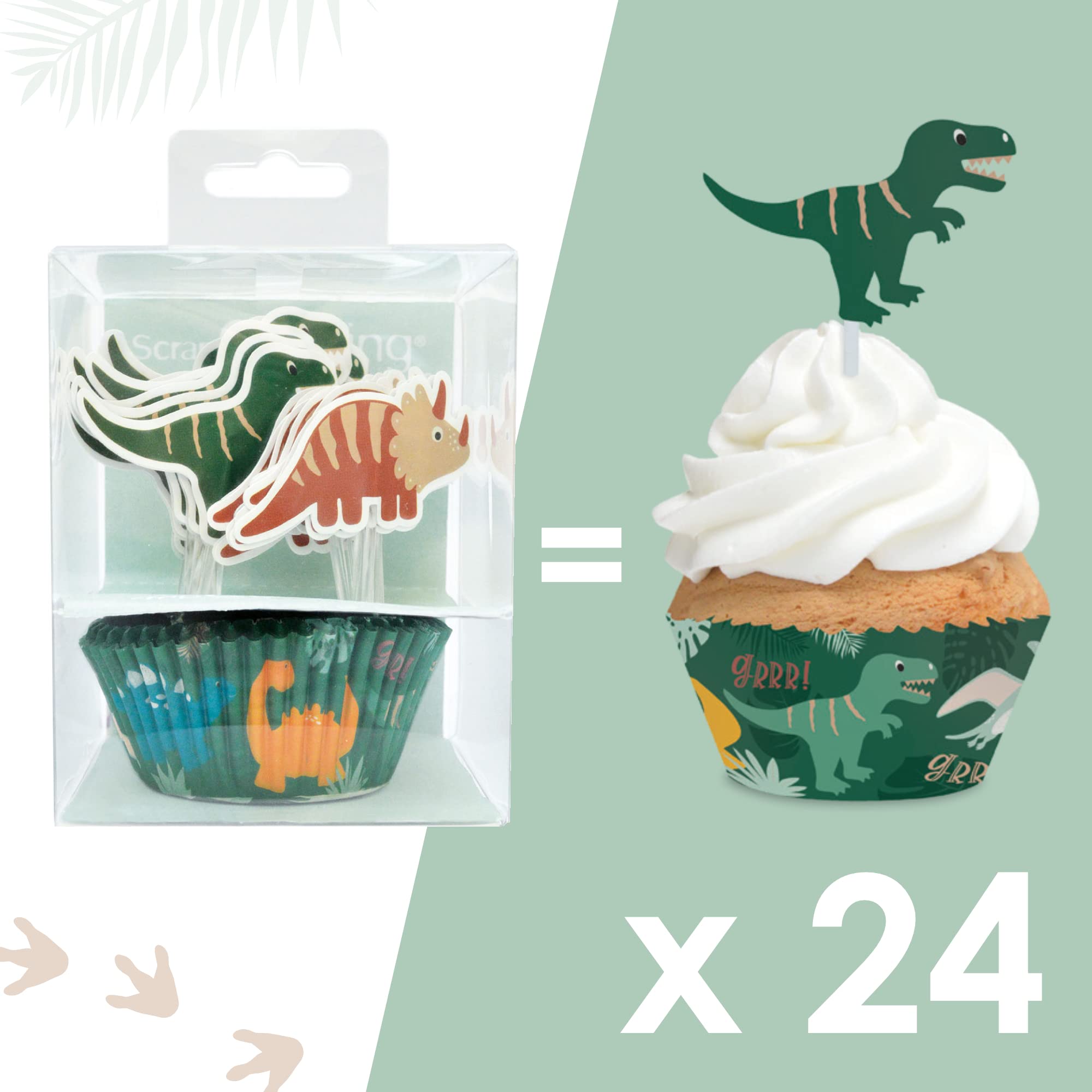 ScrapCooking - Zestaw 24 foremek i topperów do babeczek - Motyw Dino - Dekoracje do ciast, deserów, ciast, ciastek, urodzinowych - Wzór ciasta