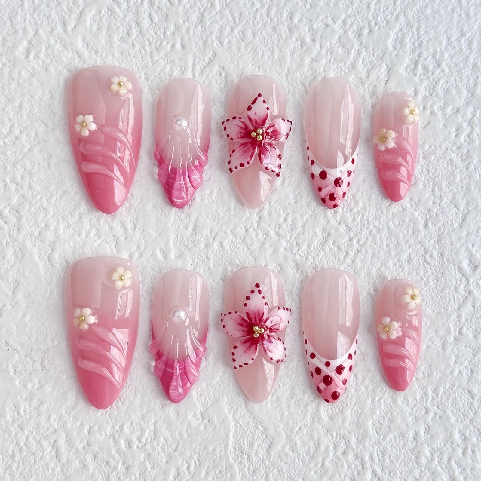 Luxury Press on Nails Medium Almond French Tip Handmade 3D Unique Reusable ABS Material Fake Nails Pink False Nails with Designs Pearls Floral Art
