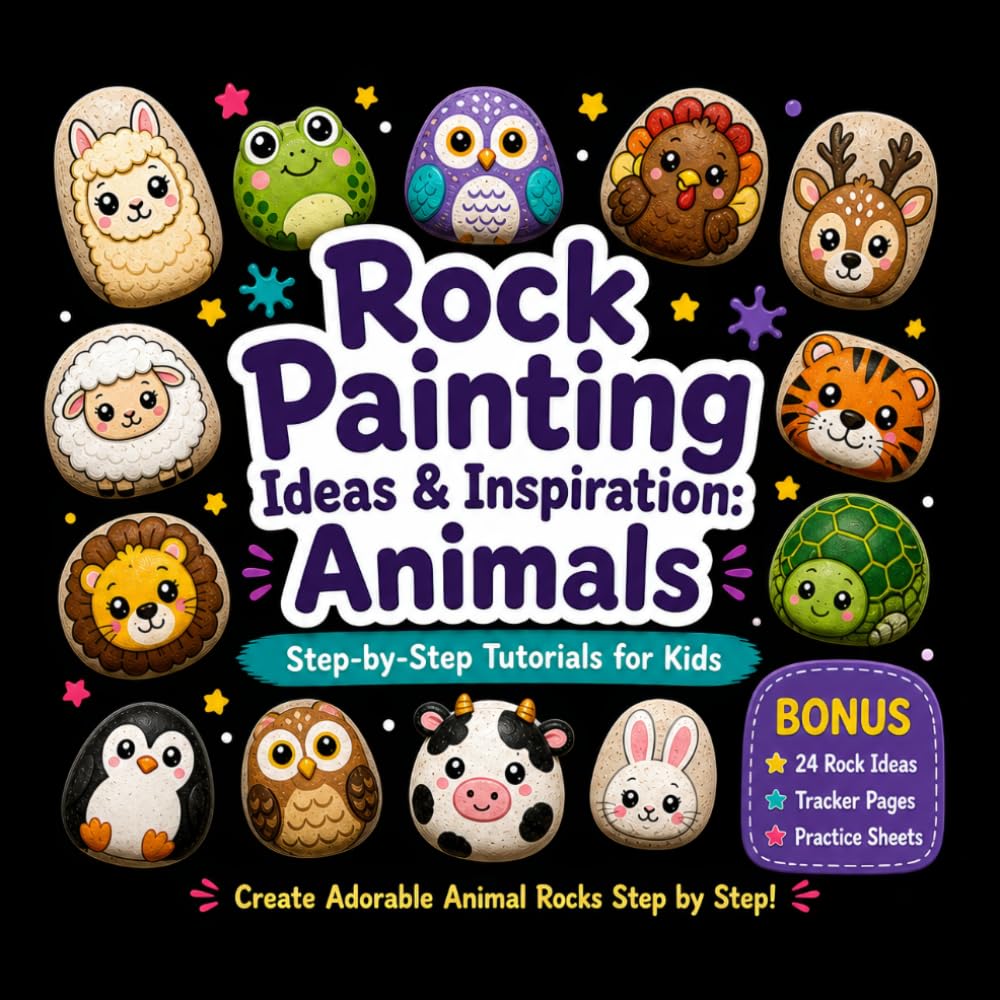 Rock Painting Ideas and Inspiration - Animals: Step-by-Step Tutorial for Kids with Tracker and Practice Areas