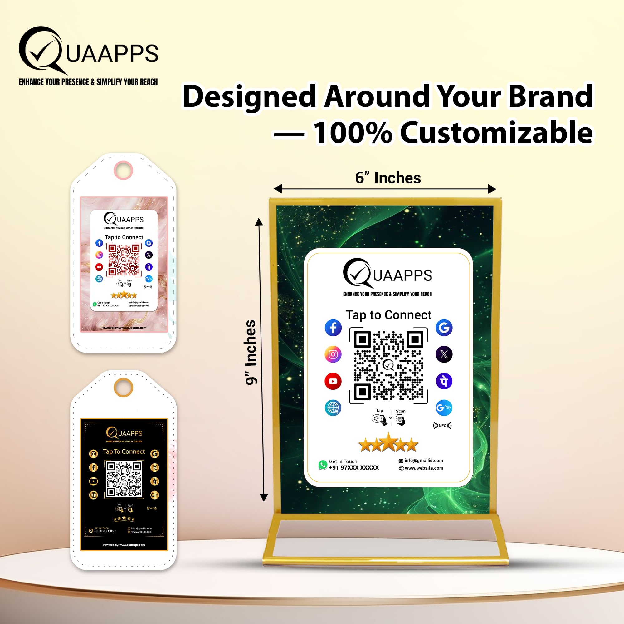QUAAPPS All-in-One Customized QR Code Scanner Stand | Google Review, Social Media & Payment Links with NFC Tap Functionality | Personalized Display Stand for Restaurant, Salon & Clinic | 9×6 Inch 2