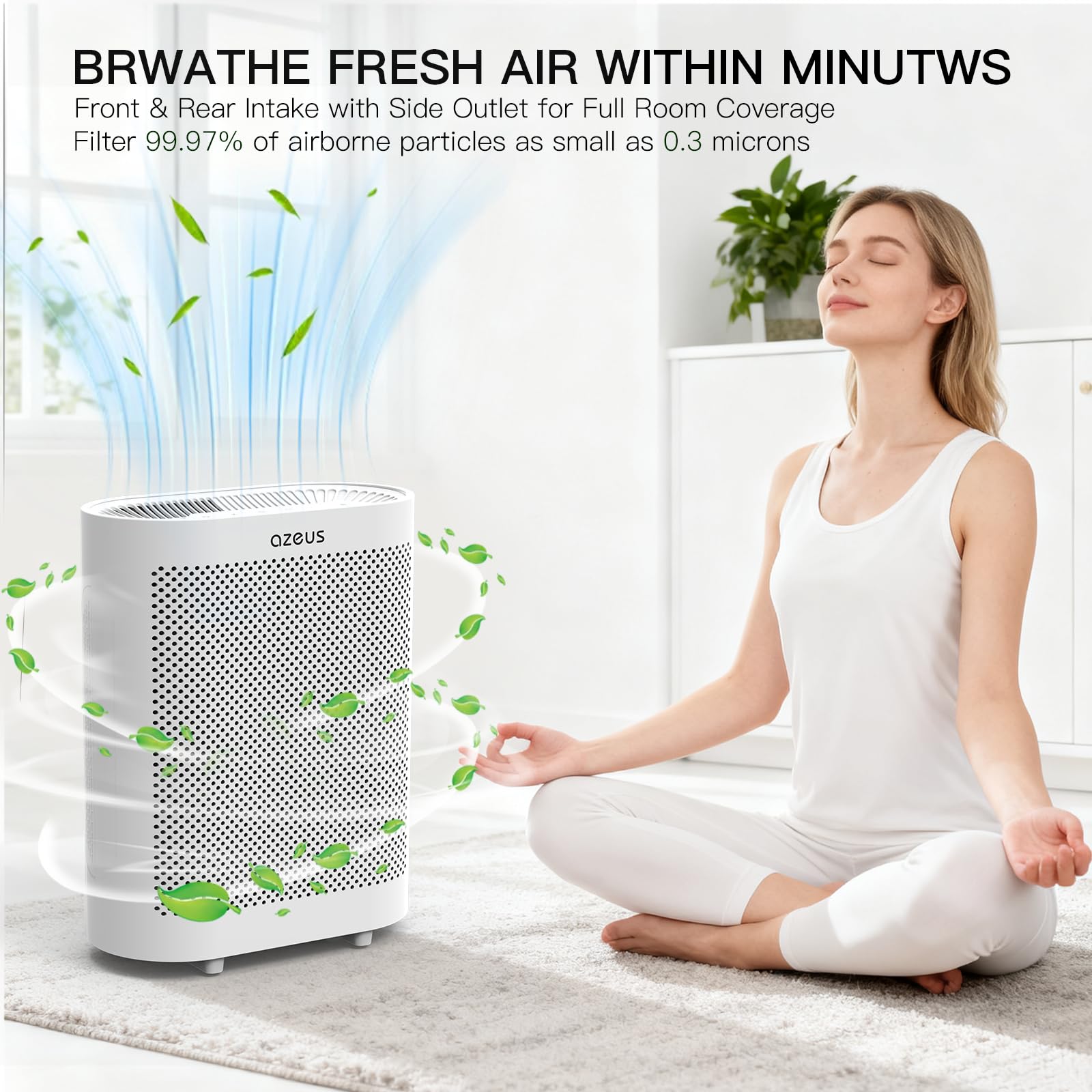 Azeus Purificatore d'aria FS32 True HEPA per stanze grandi, bianco, alto CADR 400m³/h, rimozione di polvere di fumo e peli di animali domestici, modalità automatica con sensore di qualità dell'aria