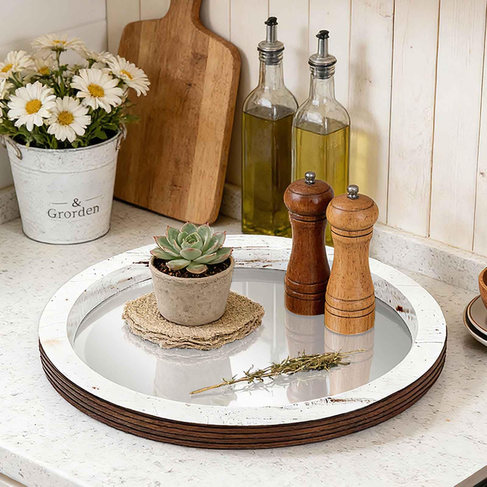 Adfltfc C Round Wood Decorative Tray, Rusti Butler Tray Unique Offee Enterpiece, Mirror Andle Holder Vintage Mirrored Bar Plate For Offee Table Farmhouse Enterpiece(C)
