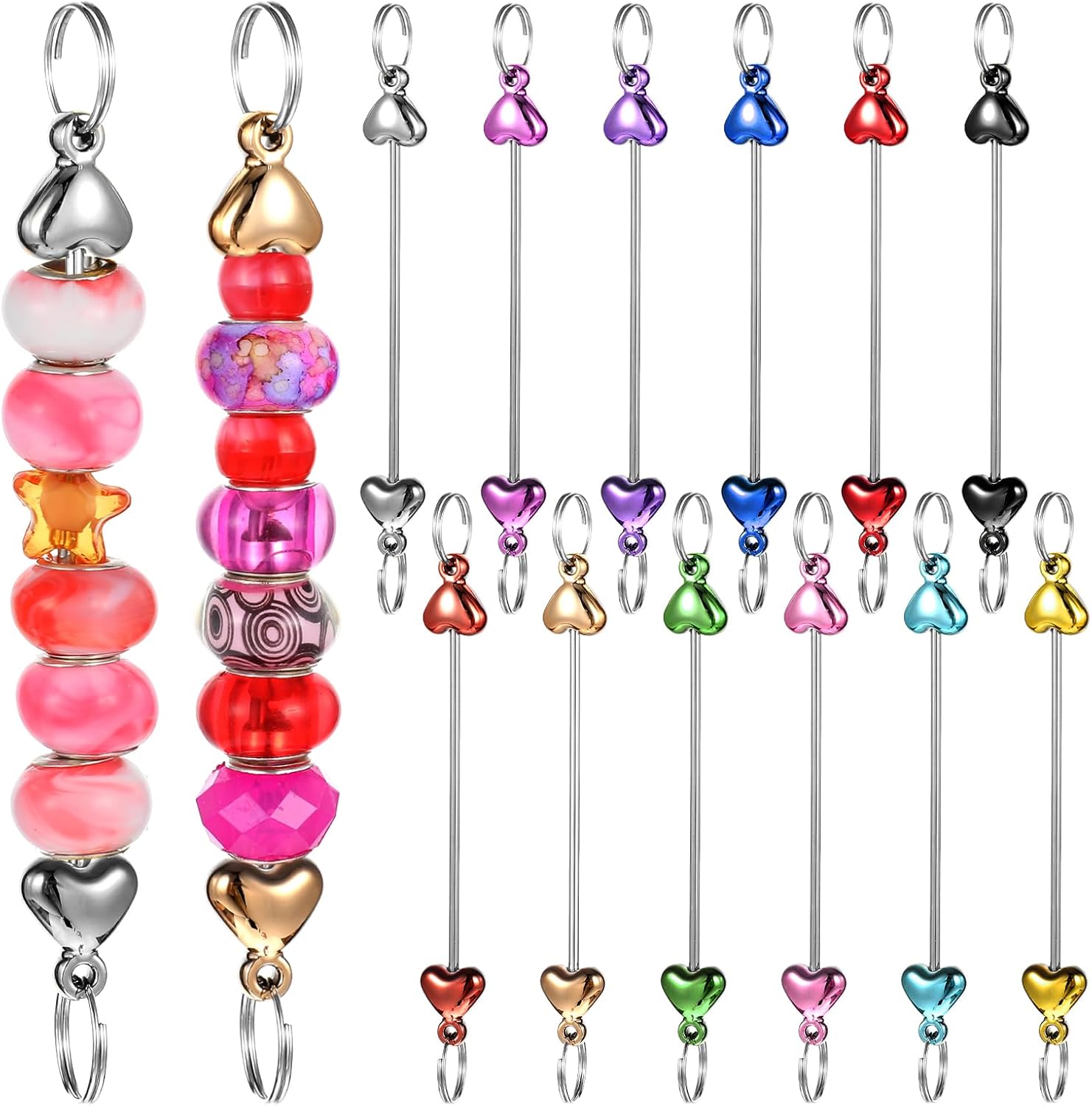 12 Pcs Beadable Keychain Bars, Bulk Blank Heart Beadable Keychain Bars, DIY Metal Beaded Keychains Strip for DIY Crafts Pendant Supplies