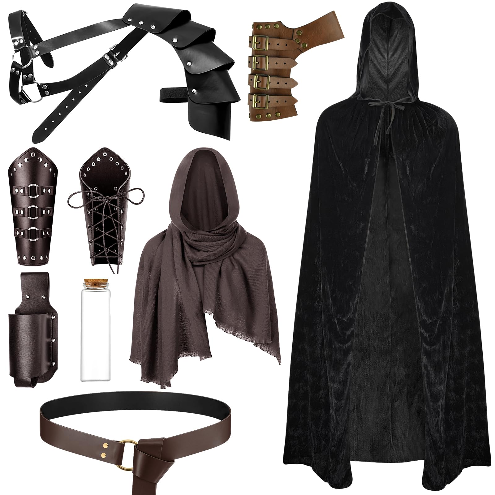 PLULON 9PZS Disfraz caballero medieval Hombres Capa con capucha Chal retro PU Cinturón de cuero Hombro Armadura Hebilla Brazales Espada Rana Portabotellas Botella de corcho Renaissance Accesorios